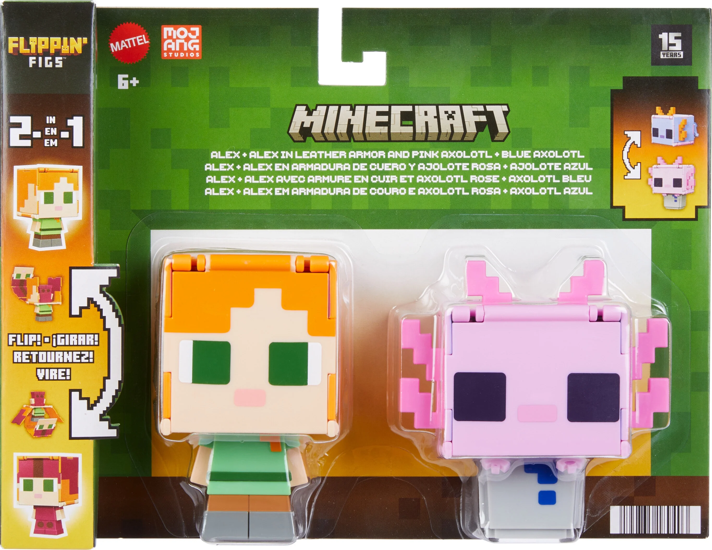 Minecraft Flippin’ Figs Alex & Axolotl Figures 2-Pack, 2-in-1 Fidget Play & Pixelated Design
