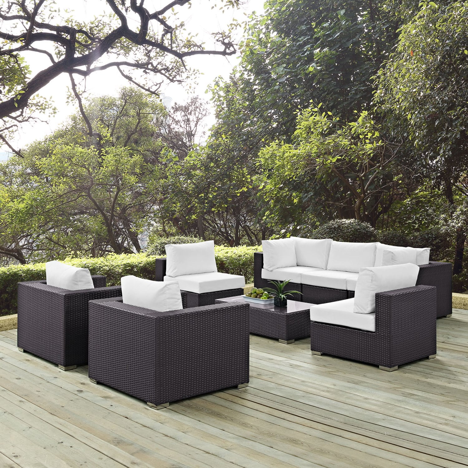 Lounge Sectional Sofa Table Set, White, Rattan, Wicker, Outdoor Patio Balcony Cafe Bistro Garden Hospitality Restaurant, Modern Contemporary HB32897
