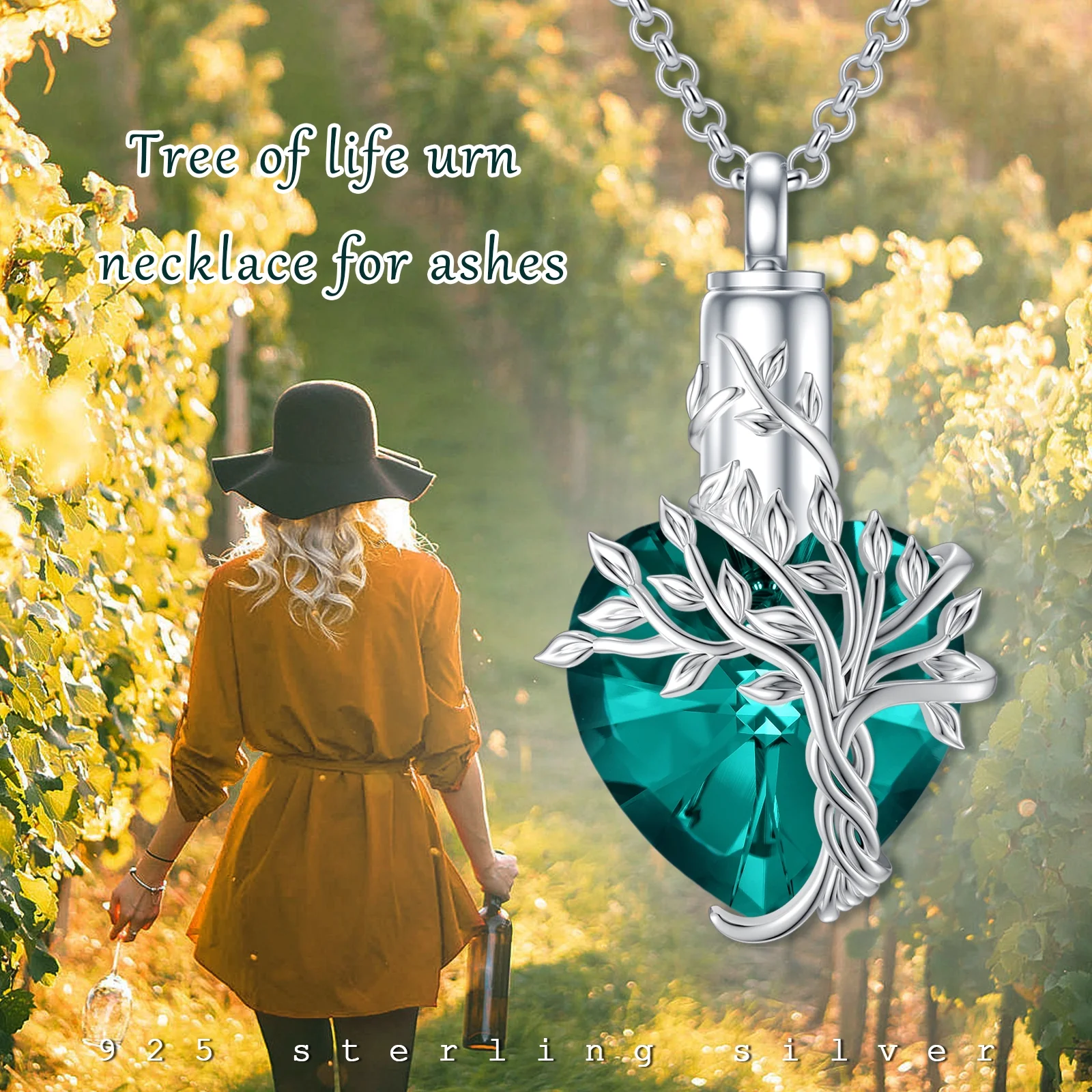 WINNICACA S925 Sterling Silver Tree of Life Urn Necklaces for Ashes Cremation Jewelry with Emerald Crystal with Memorial Jewelry Gifts for Women with Funnel Filler,Green