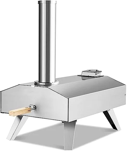 Happygrill Outdoor Pizza Oven Portable Stainless Steel Wood Pellet Pizza Stove with 12” Pizza Stone, Poker and Detachable Chimney, Foldable Wood Fired Pizza Maker for Outdoor Cooking BBQ Camping