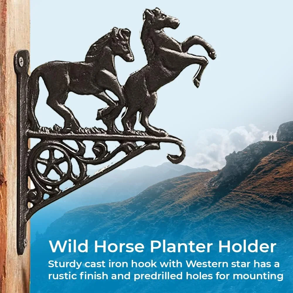 Wild Horse Planter Holder | Sturdy Cast Iron | Wall Hook For Hanging Plant And Flower Pots | Indoor/Outdoor Use | Rustic Finish | Gift For Horse Lovers