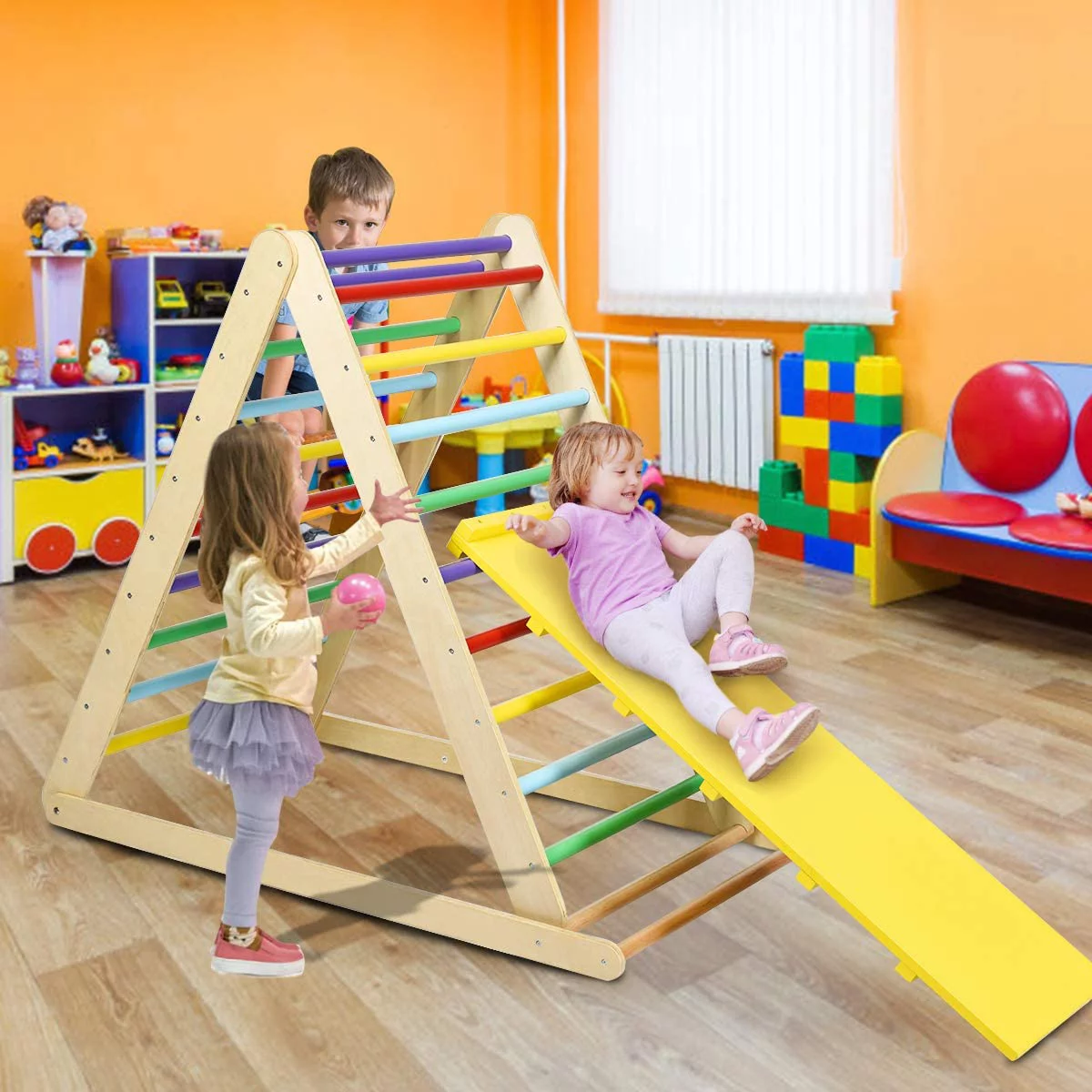 Triangle Climber with Ramp, 2-in-1 Indoor Toddler Climbing Triangle Set with Ladder & Slide, Foldable Wooden Kids Climbing Toys for Playground, Gym & Daycare, Gift for Boys Girls (Colorful)