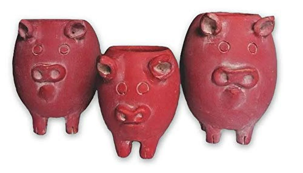 Kalalou Set of Tall Clay Pig Planters, One Size, Red
