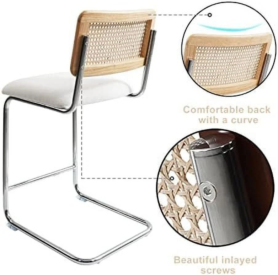 HBBOOMLIFE Black Modern Counter Height  Stools  with Natural Rattan Cane and Solid Wood Backs  24 Inch Upholstery with Metal Chrome Legs Mid Century  Chairs