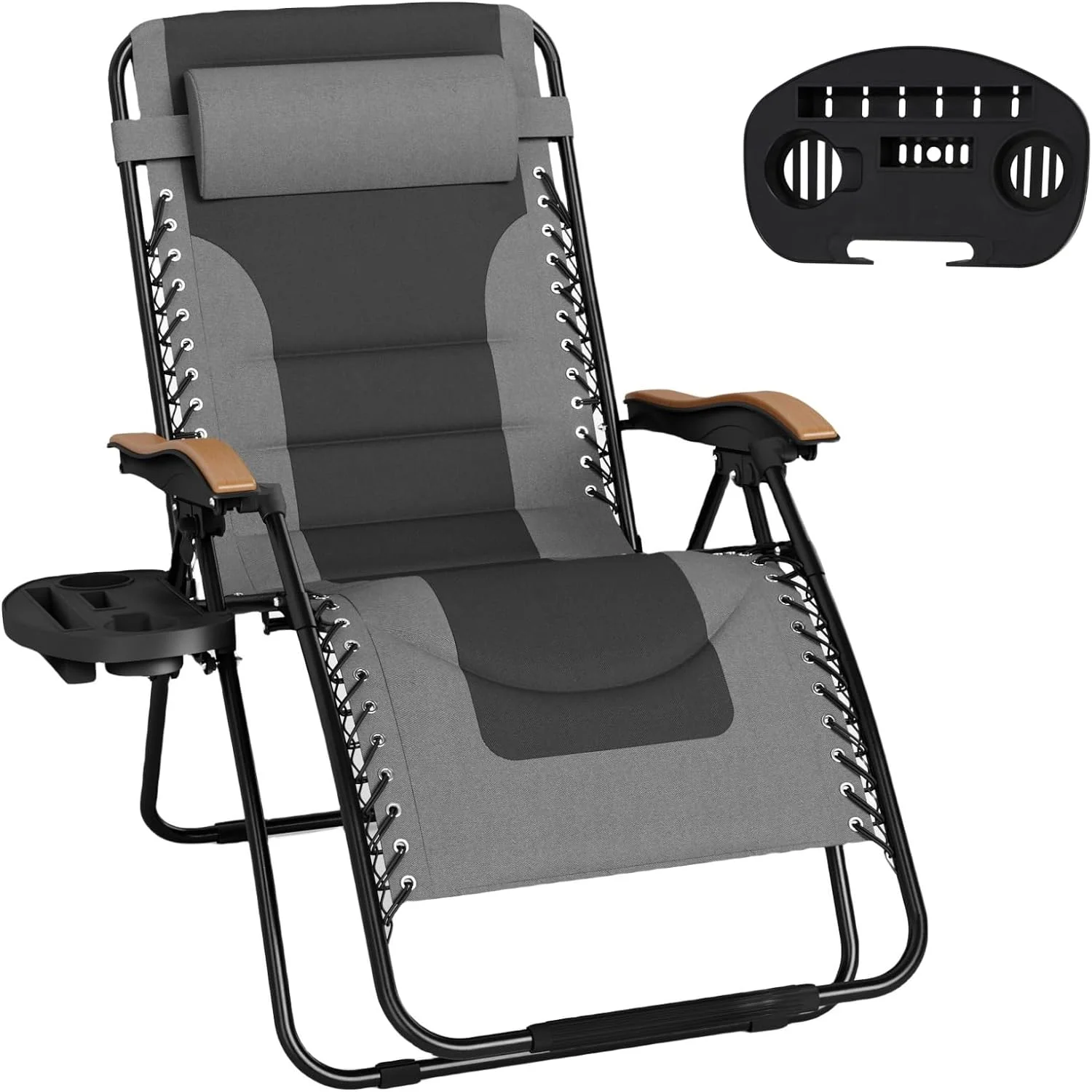MINGFENG Zero Gravity Chairs, Oversized Patio Recliner Chair, Padded Folding Lawn Chair with Cup Holder Tray, Support 400lbs, Grey