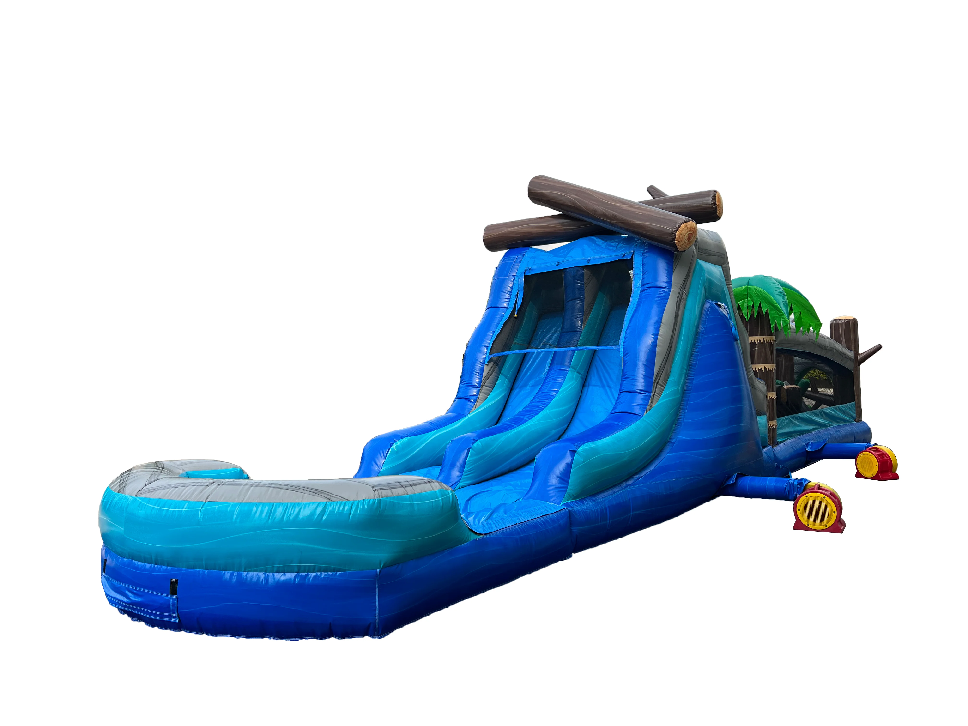 XJUMP Commercial Grade 45' Tropical Wet/Dry Obstacle with dual lane slide and deep pool, two pieces, with Climbing Wall, Tall Slide, and Tunnel Entrance, for Kids and Adults, Outdoor Toys(with Blower)