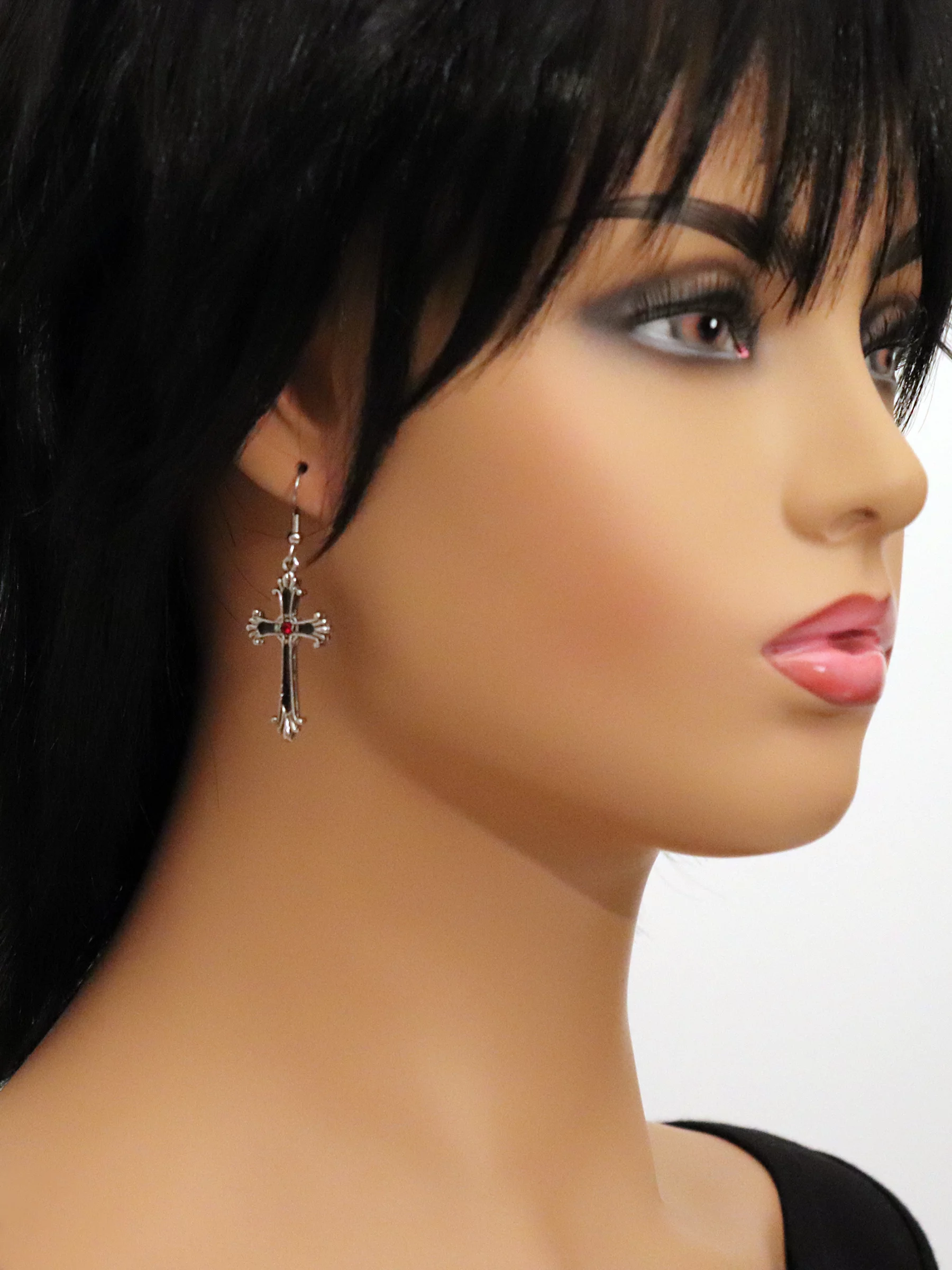 Gothic Victorian Cross Silver Finish Pewter Dangle Earrings with Red Austrian Crystals by Real Metal #1003