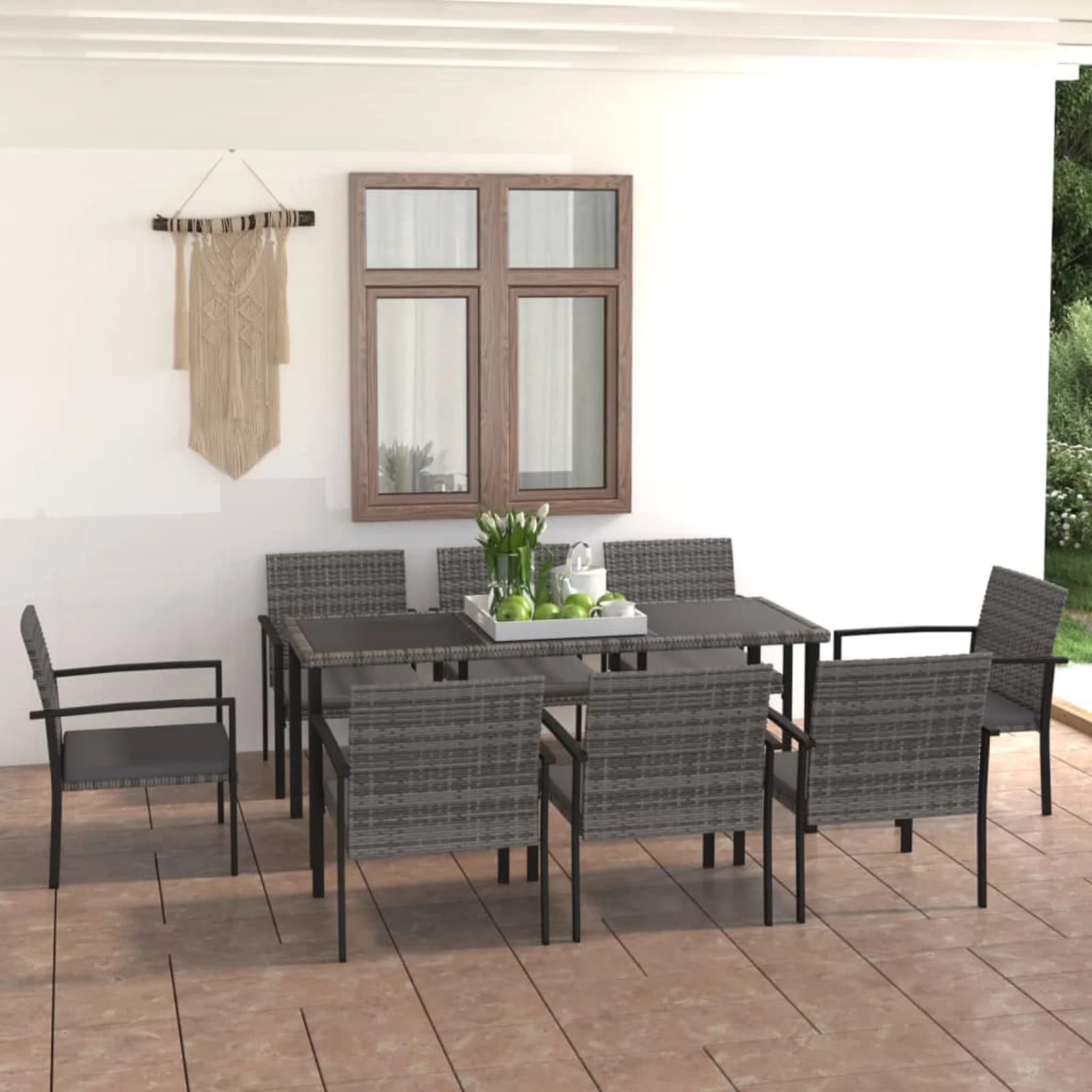 Walmeck 9 Piece Patio Dining Set Poly Rattan Gray