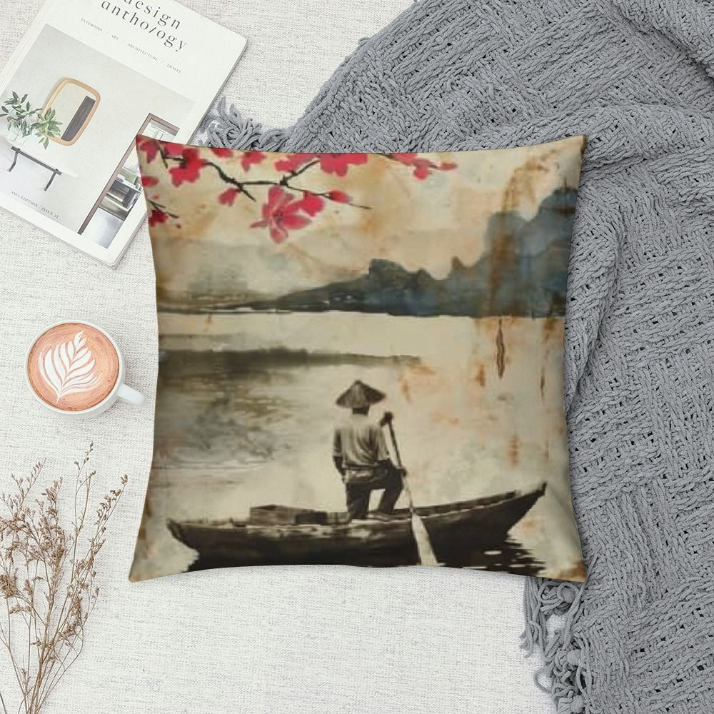 PRATYUS Vintage Japanese Plum Blossom Throw Pillow Covers ,Retro Traditional Watercolor Spring Cherry Blossoms Lakes Hills Girls Women Pliiow Covers for Living Room Bedroom Sofa Party Decor White