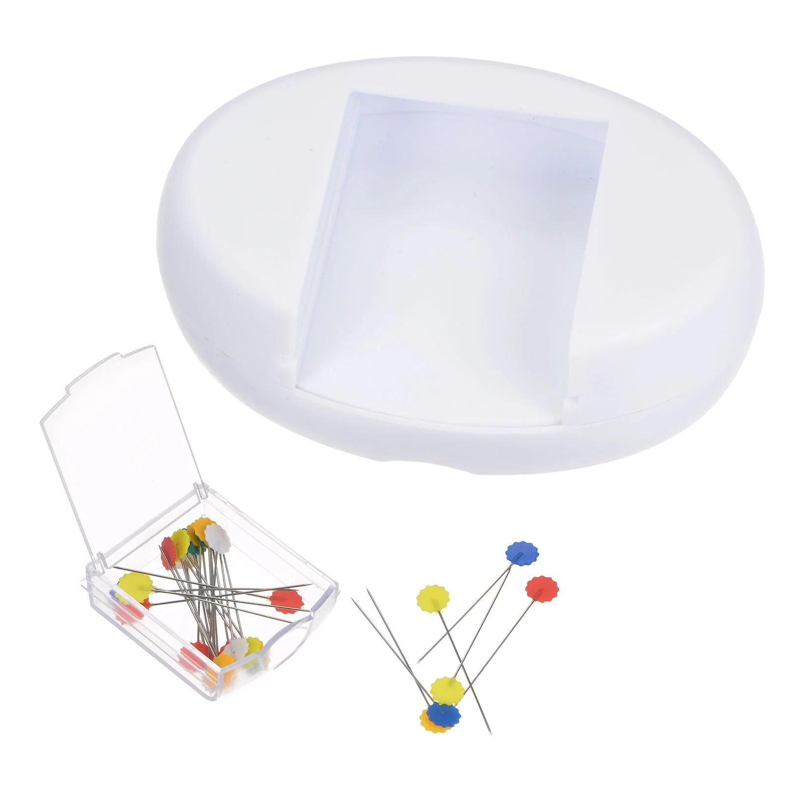 Uxcell Magnetic Pin Cushion with 100pcs Plum Flower Plastic Head Pins, Magnetic Pins Holder with Drawer, White