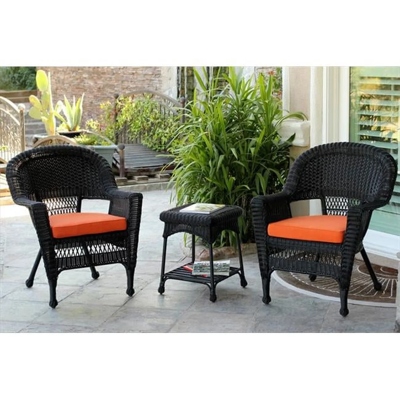 3 Piece Black Wicker Chair And End Table Set With Orange Cushion