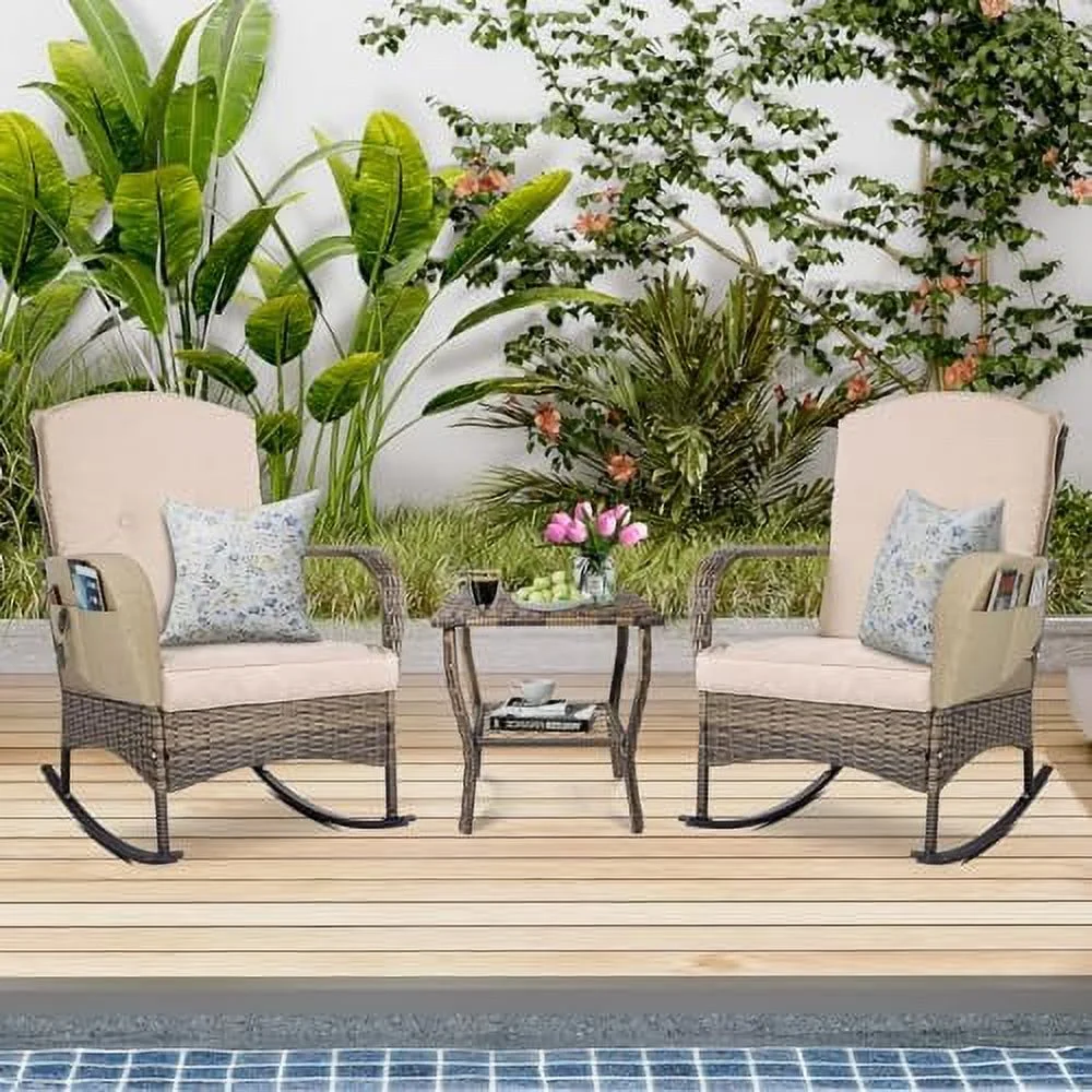 CKPFVY 3 Pieces Patio  Set  Outdoor Rocking Chairs   Wicker Cushioned Patio Rocker with  for Porch  Garden  Poolside & Deck  Orange