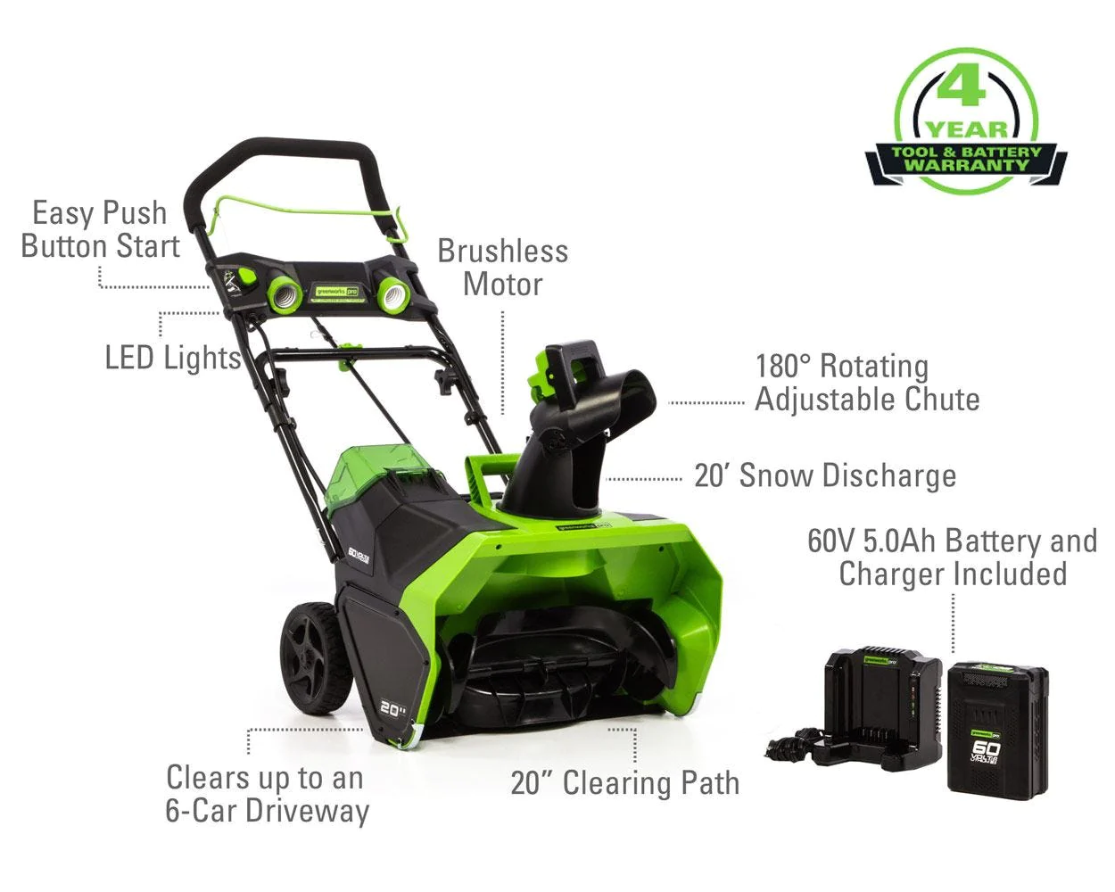 20 in. 60-Volt Battery Cordless Single-Stage Snow Blower with 5.0 Ah Battery, 6A charger