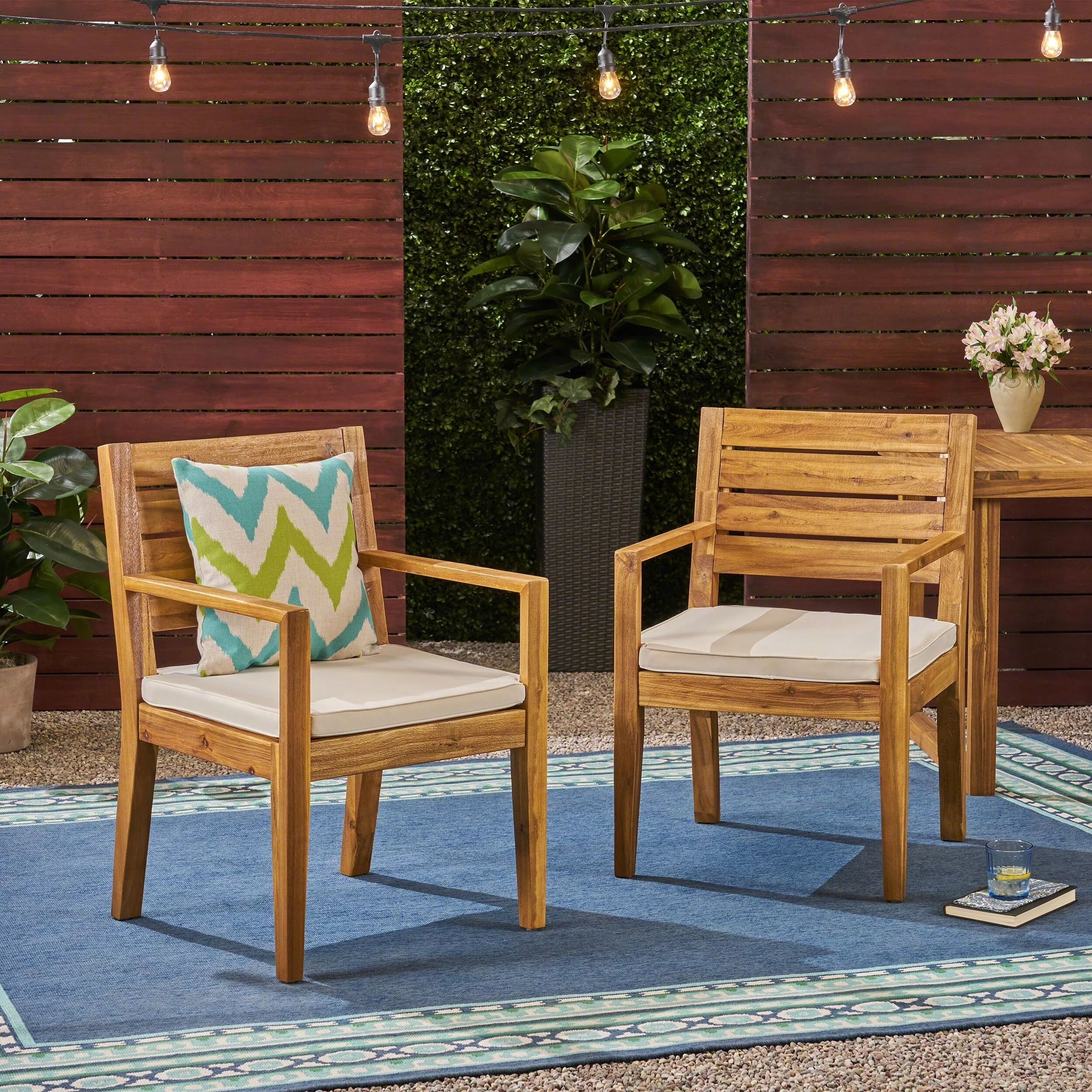 Christopher Knight Home Nestor Outdoor Acacia Wood Dining Chairs by  sandblast dark grey + light gray cushion