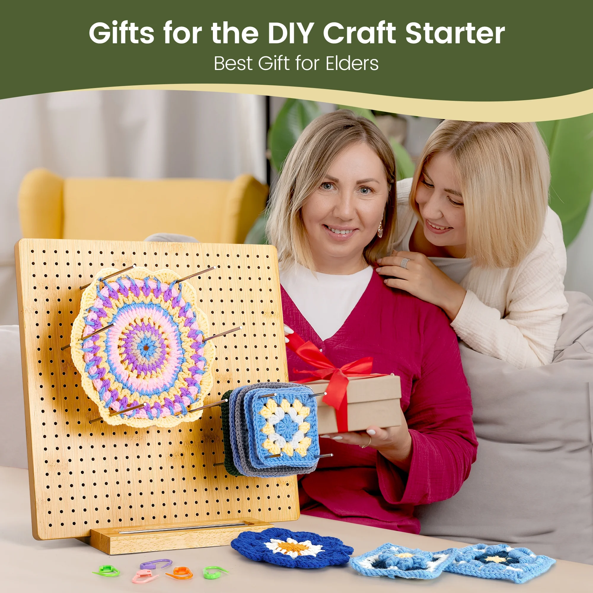 Blocking Board for Crocheting,12.6 Inches with Pegs,Bamboo Granny Square Blocking Board,Crochet Blocking Board with 20 Pins,20 Stitch Markers,Needles Wooden Base with Storage Grooves