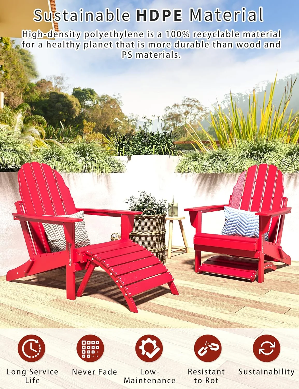 Folding Adirondack Ottoman for Adirondack Chair, HDPE All Weather Outdoor Footrest Poly Lumber Adirondack Footstool for Patio, Backyard, Garden, Easily Storage - Red