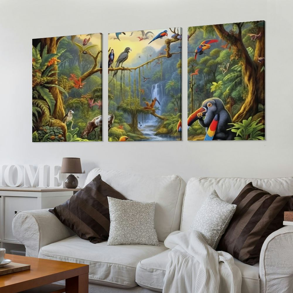 Jiayy Waterfall, Jungle, Primitivism Art Wall Decor Oil Painting 12x16in x3 Wall Art Canvas Print Living Room Bedroom Home Office Wall Decor 12x16x3pcs