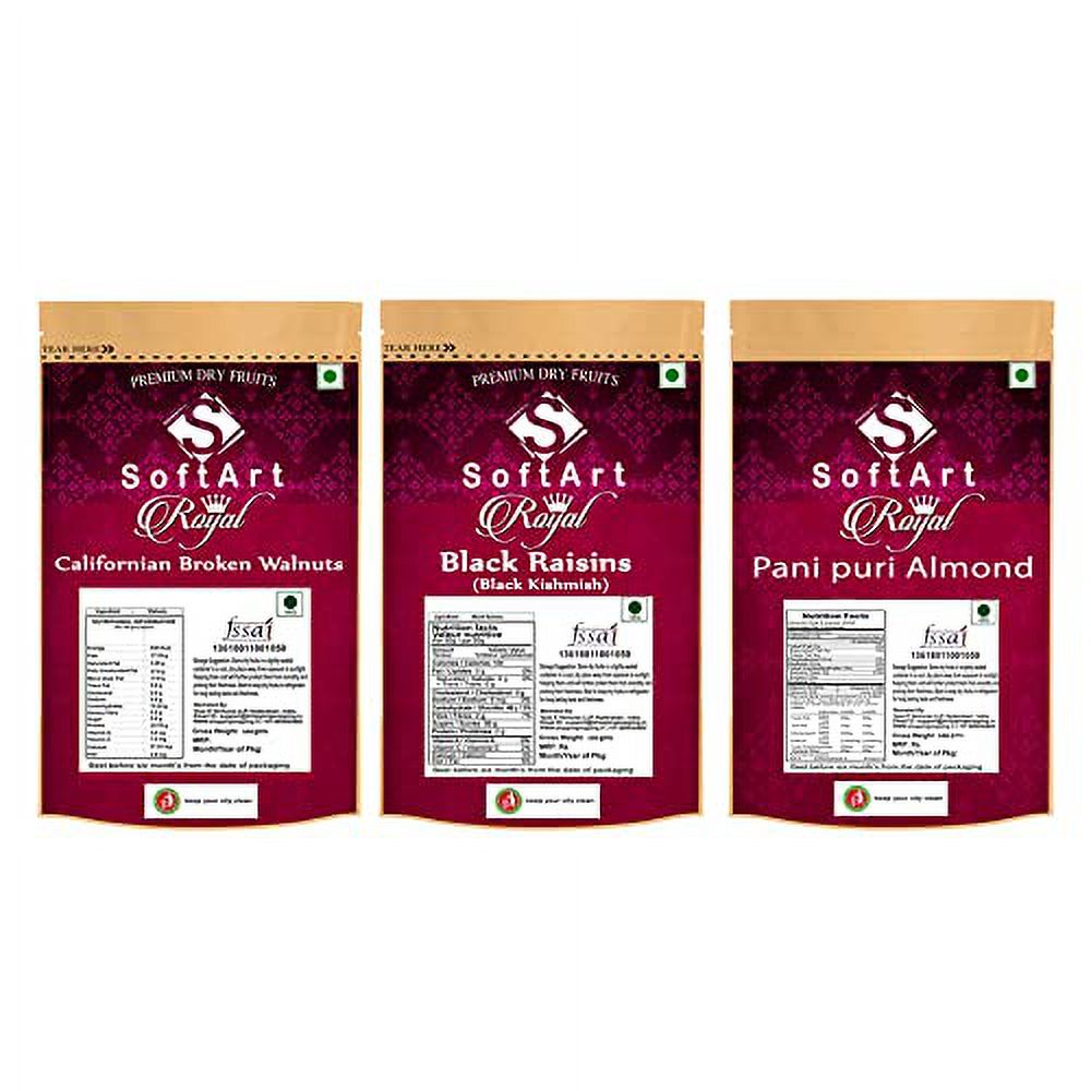 Soft Art Dry Fruits Combo Of Royal Broken Walnuts,Black Kishmish,Pani Puri Almond (100G Each)