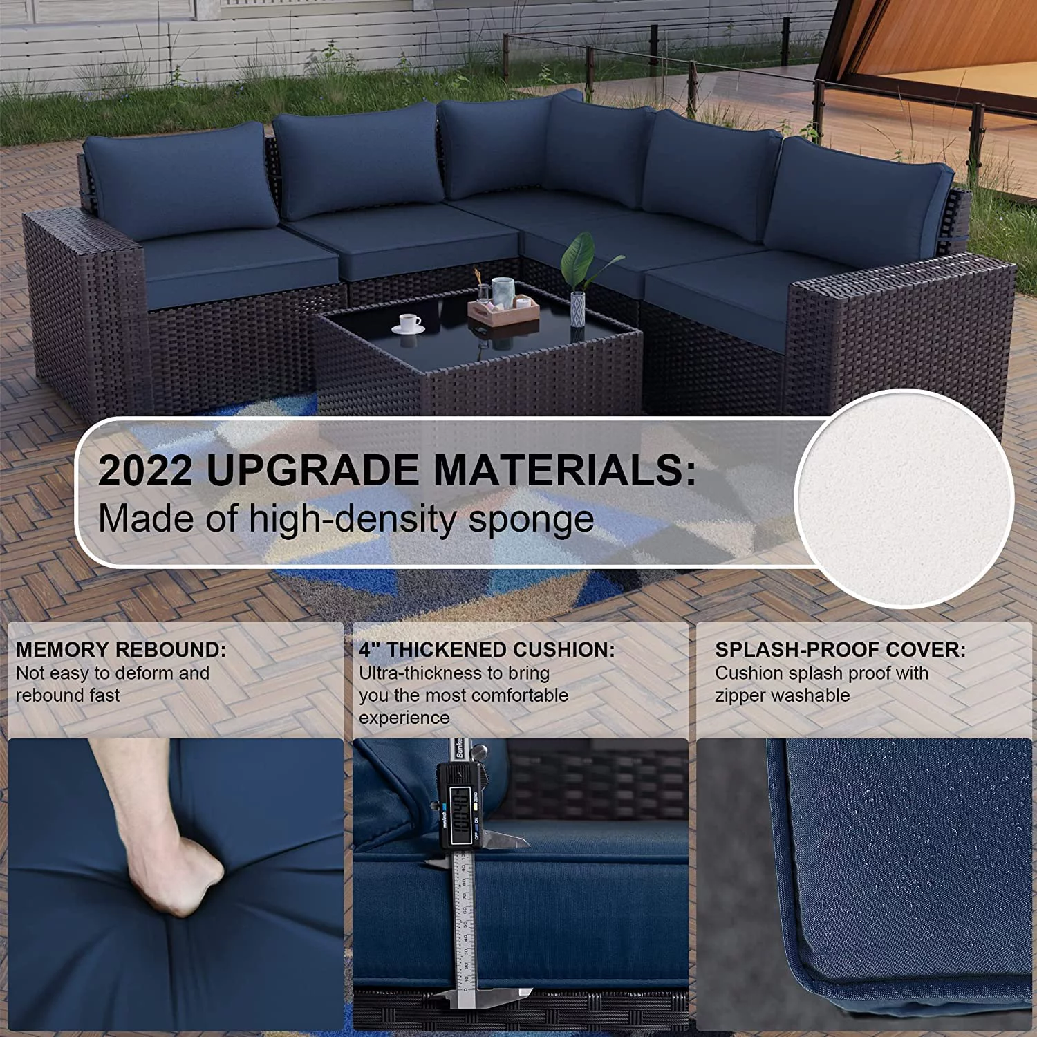 Outdoor Patio Furniture Set 6 Pieces Sectional Rattan Sofa Set Brown PE Rattan Wicker Patio Conversation Set with 5 Navy Blue Seat Cushions and 1 Tempered Glass Table