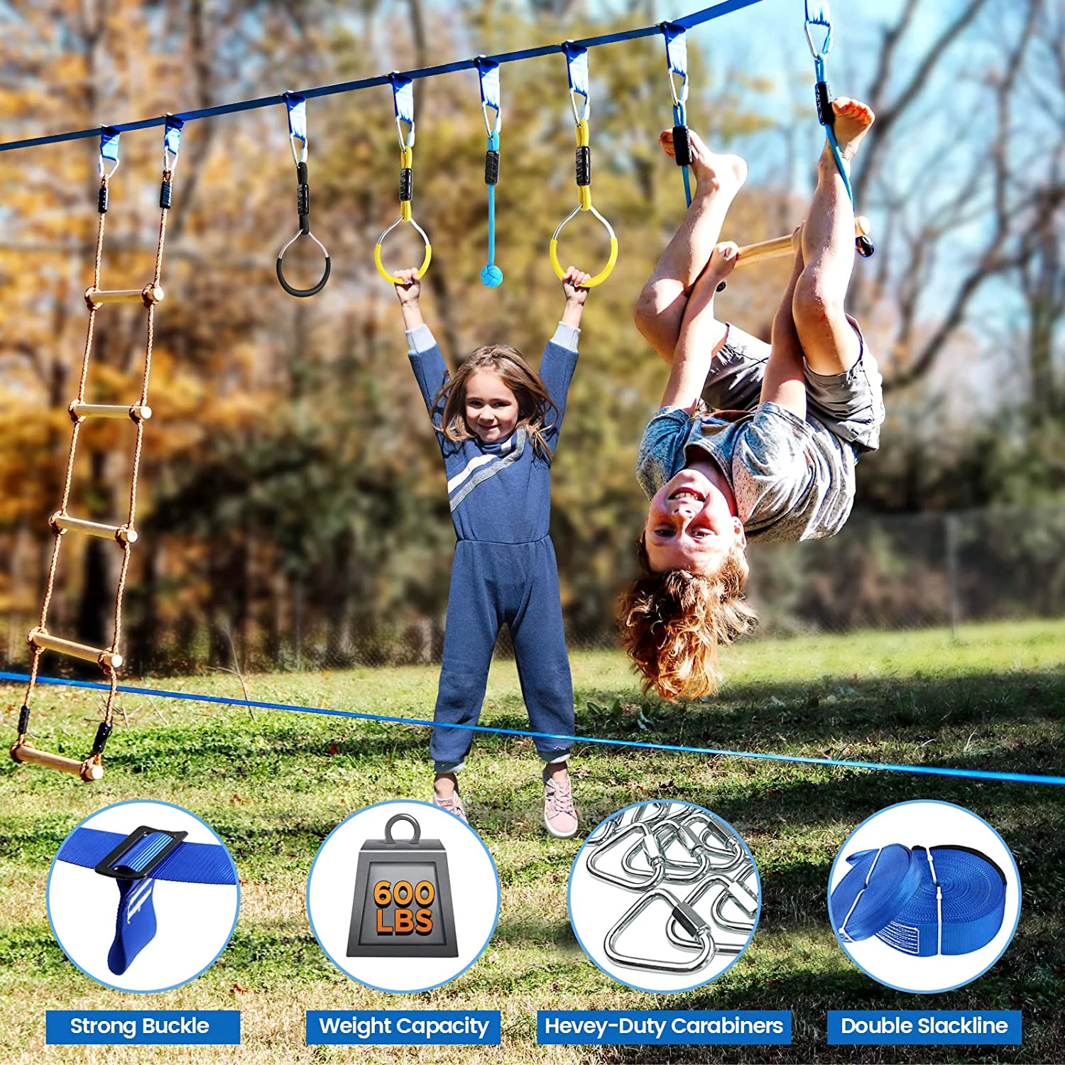 Obstacle Course for Kids, Gentle Booms Backyard Outdoor Playground Sets for Kids Ninja Warrior Obstacle Course Slackline with Climbing Rope Ladder Swing