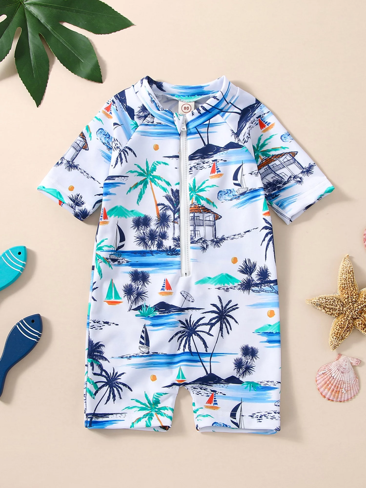 HOANSELAY Boy Romper Swimsuit, Long Sleeve Stand Neck Zipper Coconut Tree Beach Print Beach Swimwear Jumpsuit