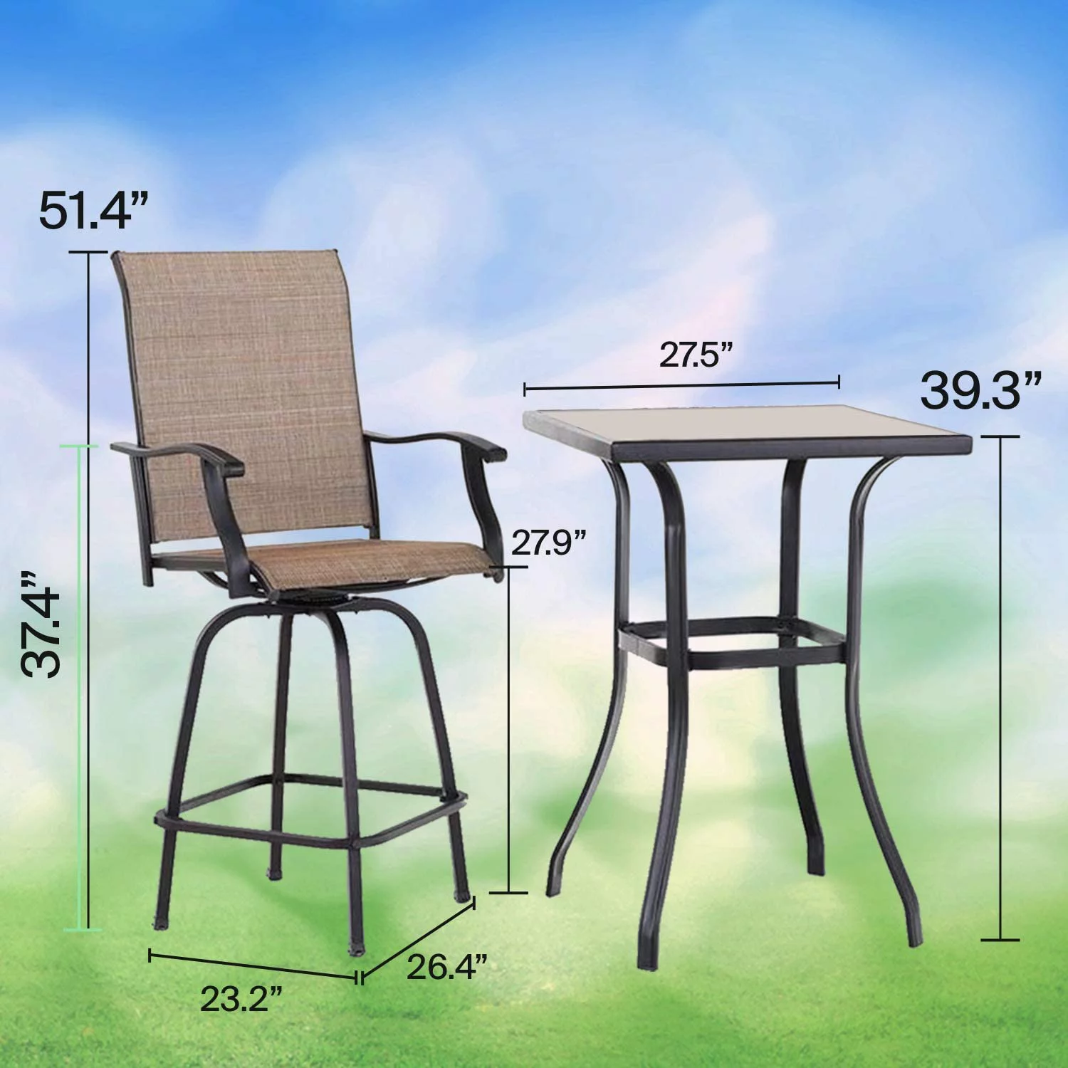 Nikias 3 Peice High Swivel Bar Set – 2 Sturdy Chair And a High Squire Glass Table