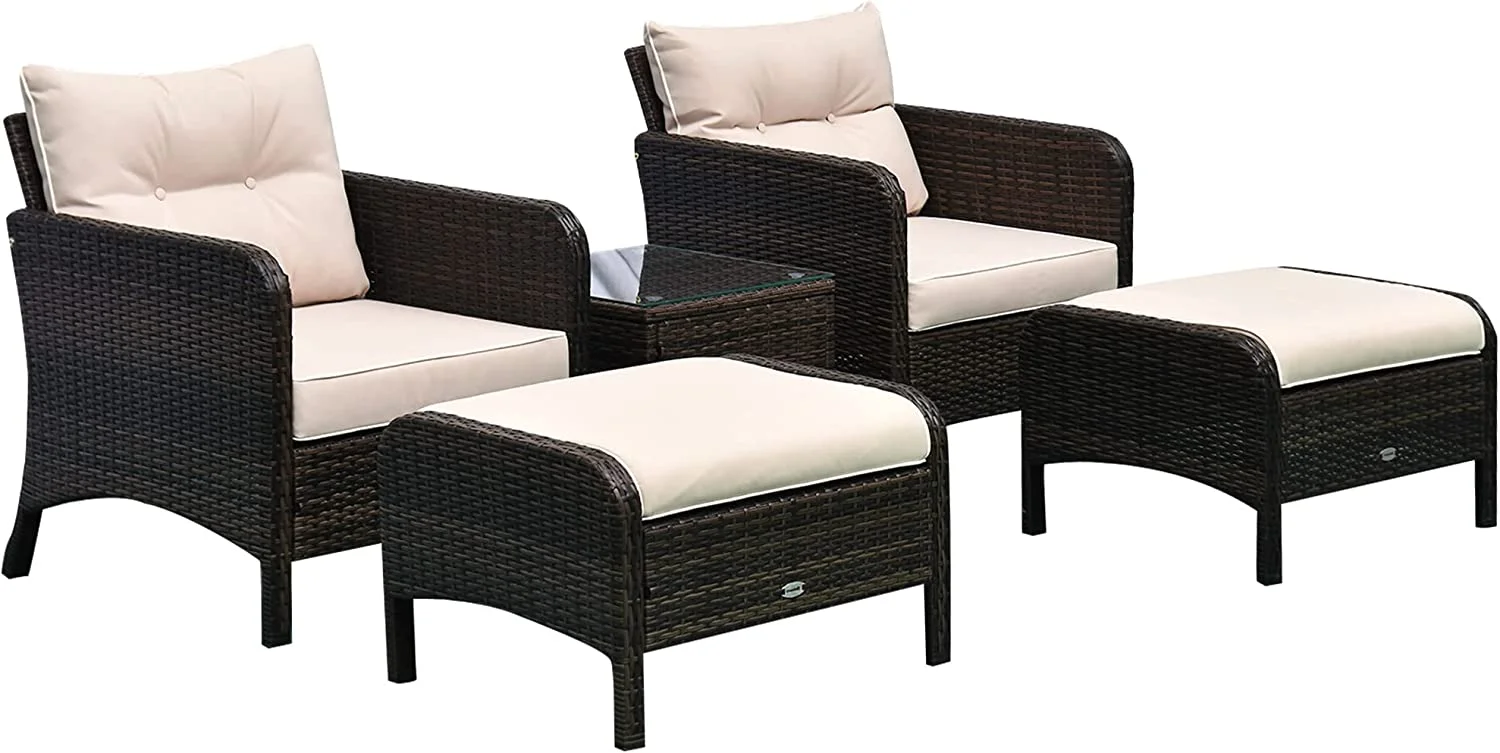 Dina 5 Pieces Rattan Wicker Lounge Chair Outdoor Patio Conversation Set with 2 Cushioned Chairs  2 Ottomans and Tempered Glass Top Coffee Table  Gray/Light Gray