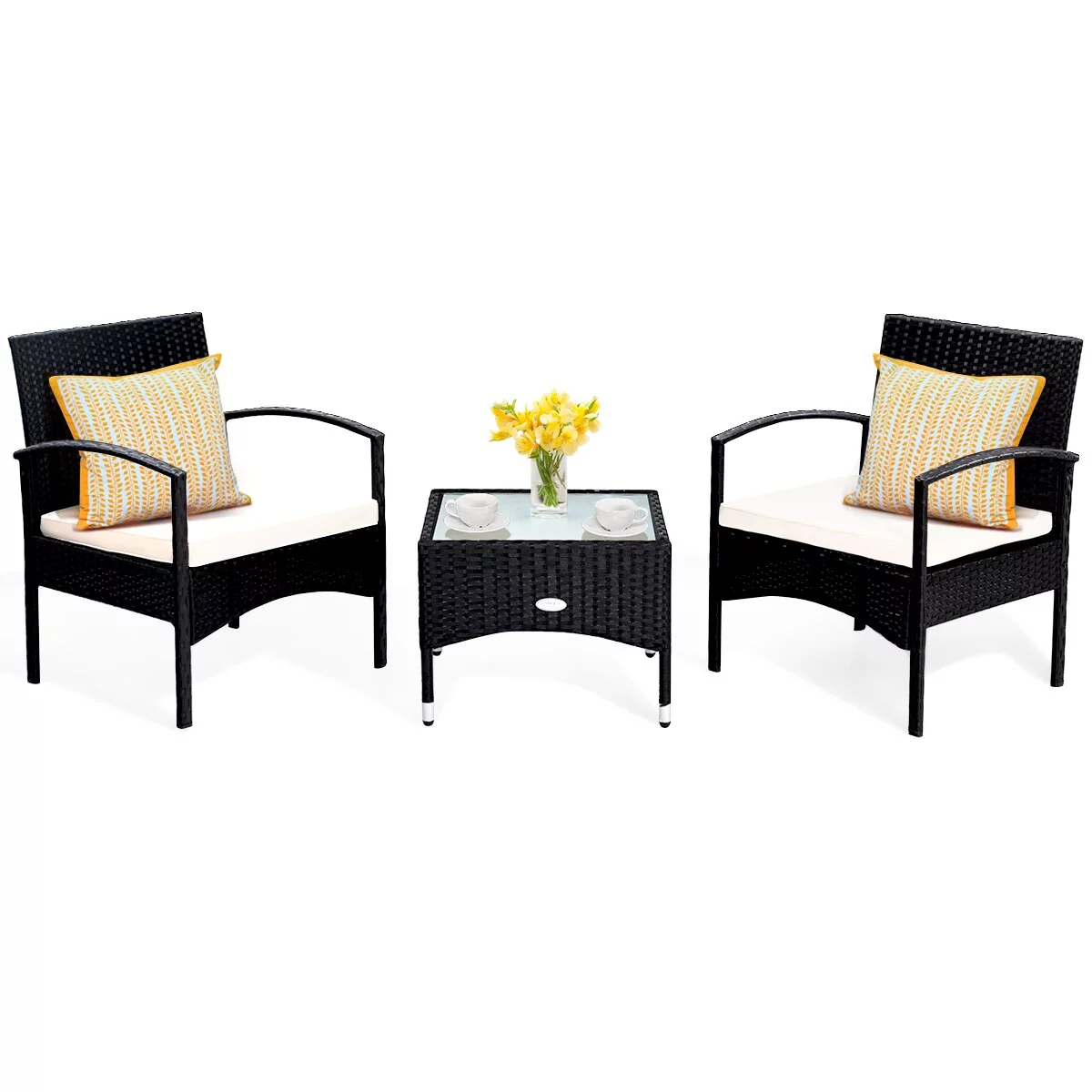 3 PCS Furniture Set Table & 2 Chair Patio Wicker Rattan W/Cushion