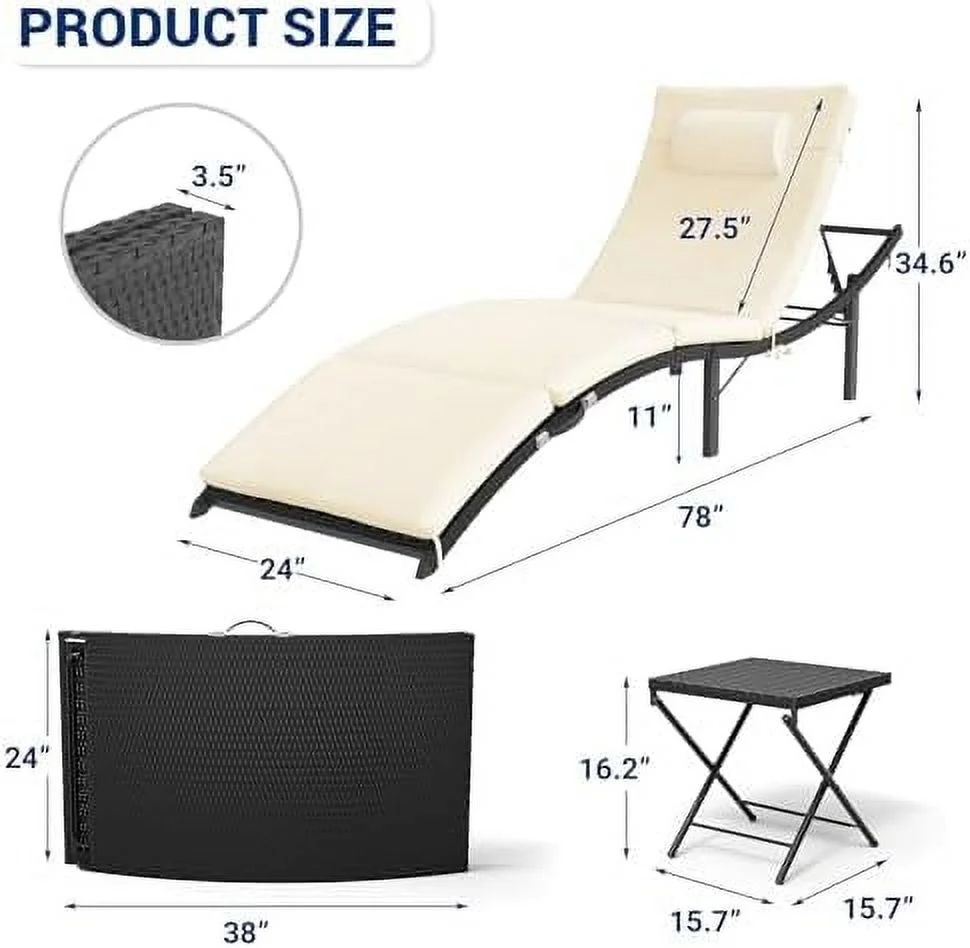 QYFZBIM Lounge Chairs for Outside 3 Pieces Patio Chaise Lounge w Sponge Cushion Outdoor Wicker Lounge Chairs  Adjustable Pool Lounge Chairs  for Porch Deck  Blue