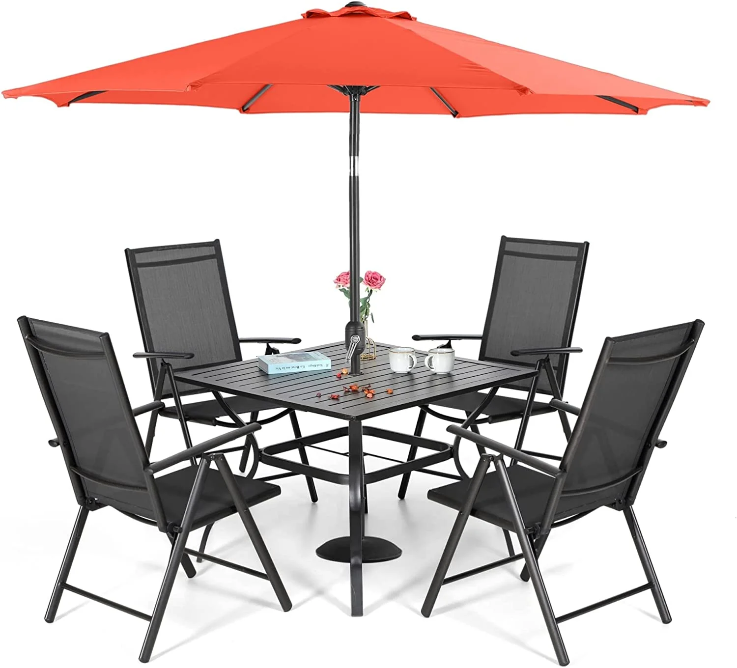 & William Outdoor 6 Pieces Dining Set with 4 Rattan Chairs  1 Metal Table and 1 10ft 3 Tier Auto-tilt Umbrella(No Base) Orange Red  Modern Patio Furniture for Poolside  Porch  Patio
