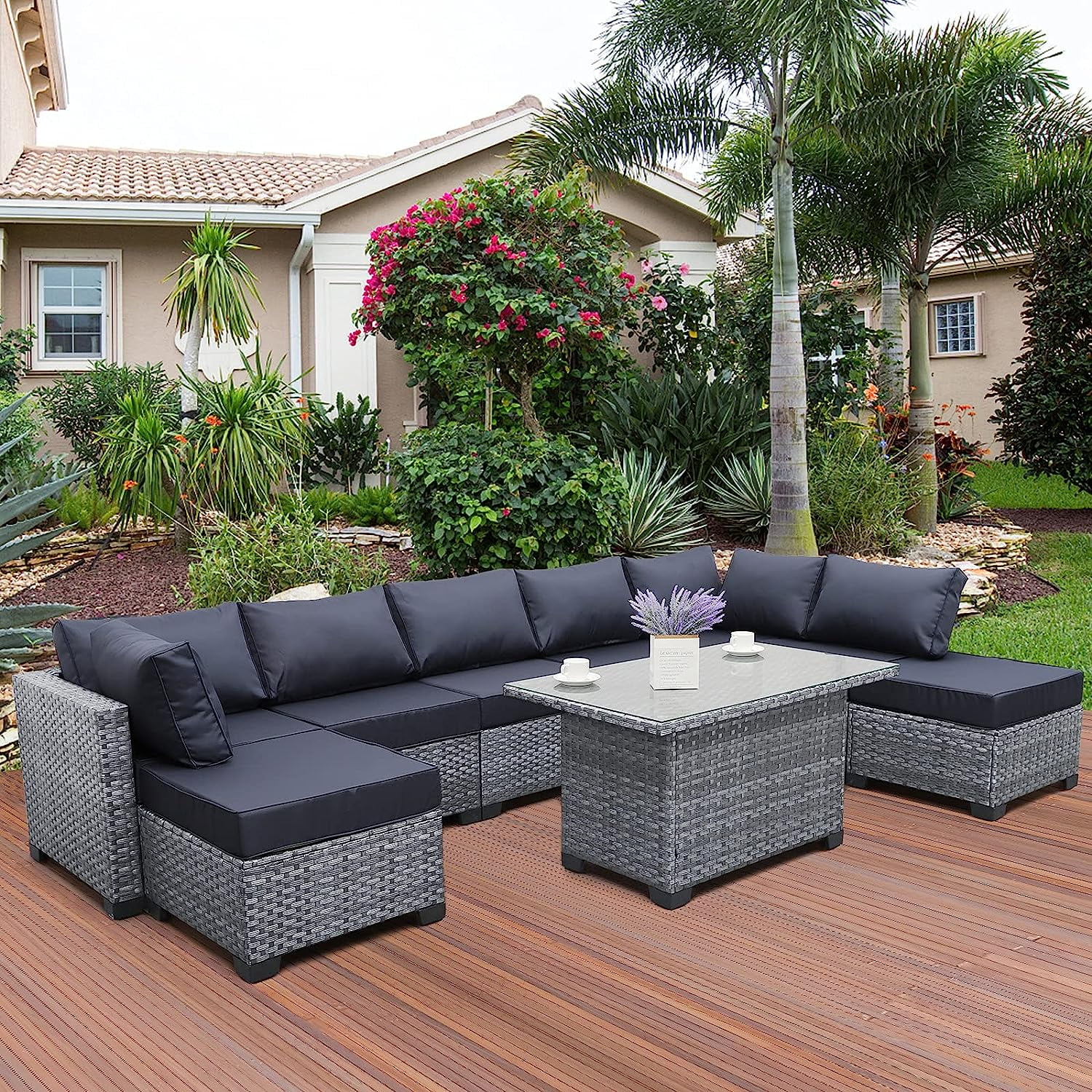 Outdoor Patio Silver Gray Rattan 9 Piece Sectional  Set PE Wicker Conversation Sofa Chairs with Glass Top  Table Navy Blue Cushion and Free  Cover