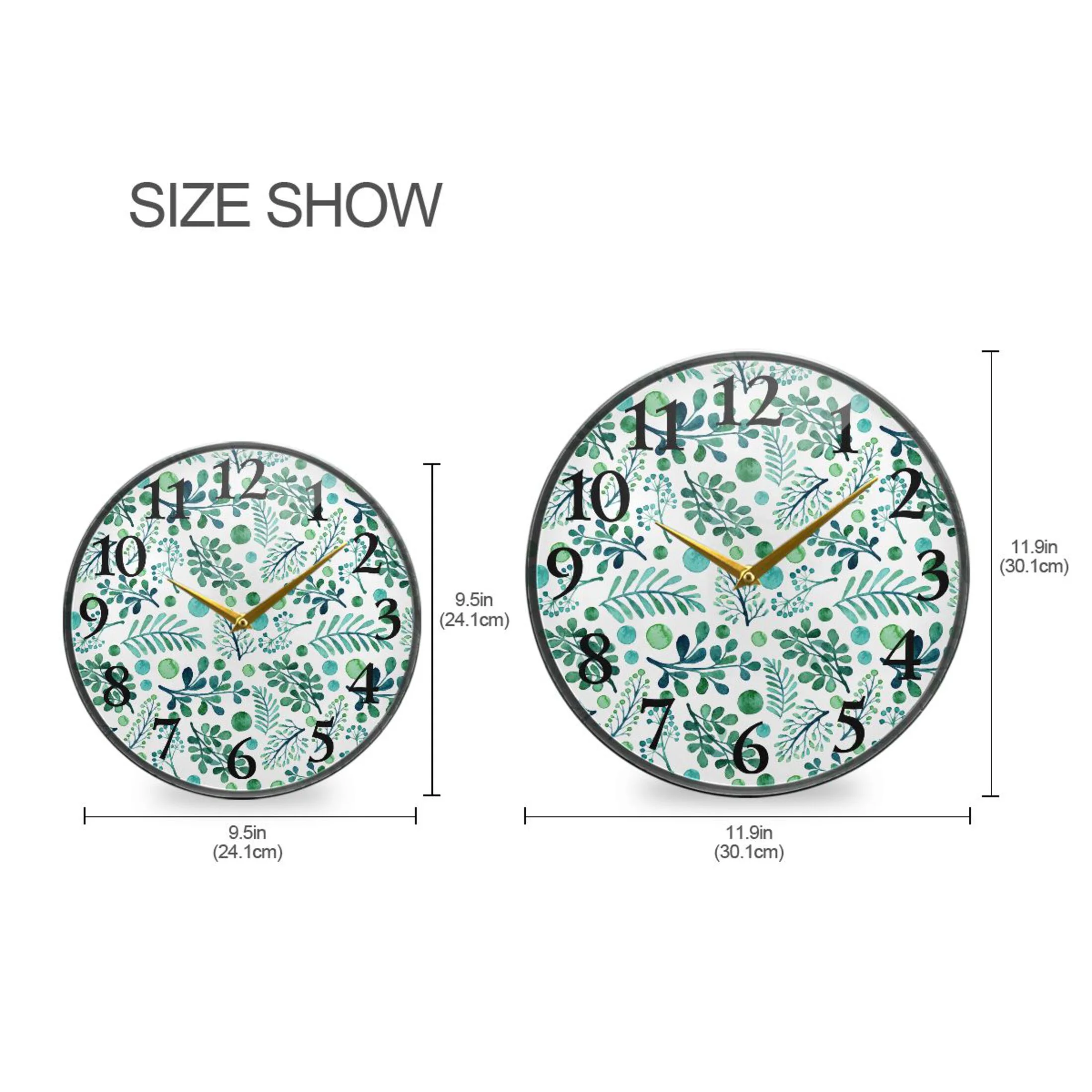 Watercolor Green Leaves Wall Clocks Battery Operated 11.9 Inch Round Clock Acrylic Silent Non-Ticking Bedroom Living Room Decorative Clocks