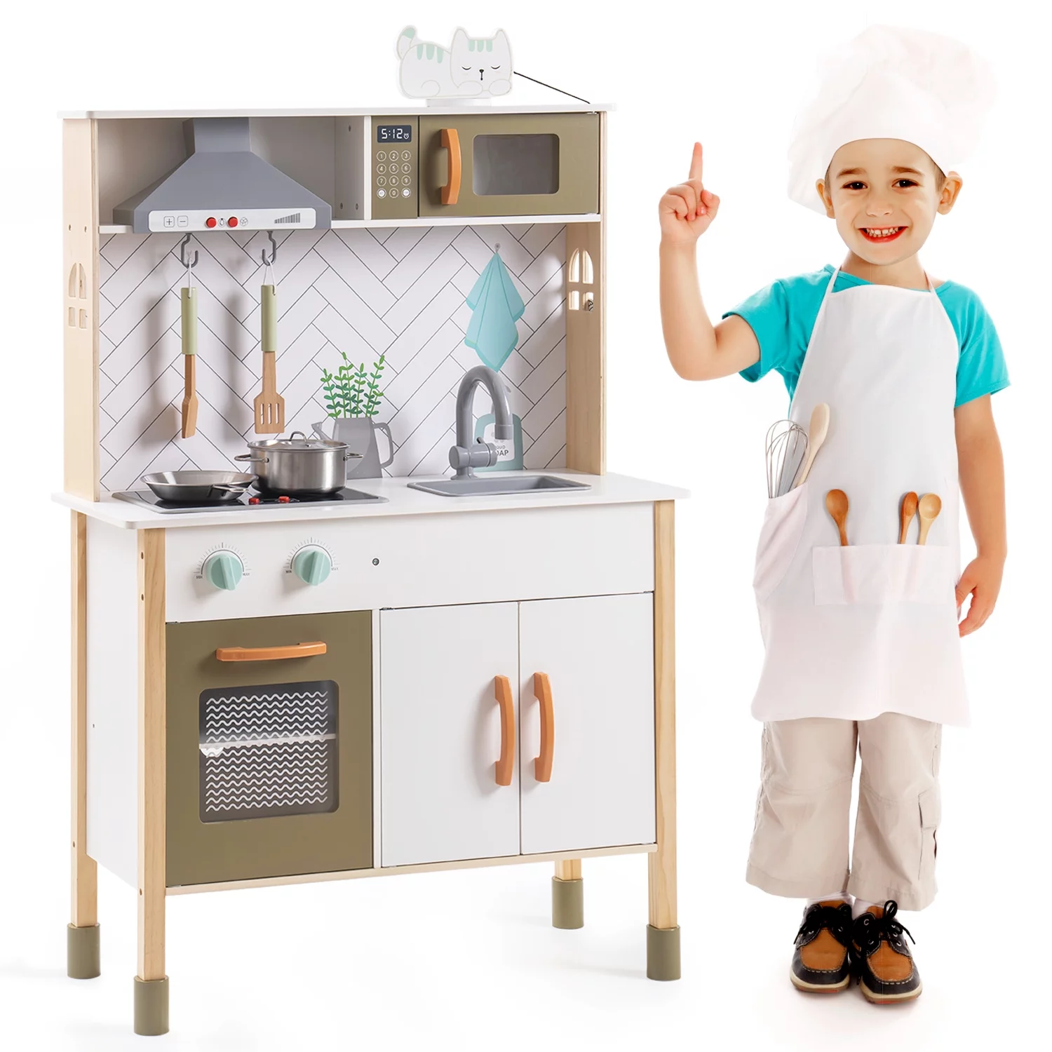 Pouseayar Classic Wooden Kitchen Playset, Indoor/Outdoor Play Kitchen Set Gift for Kids,Suitable for Age 3+