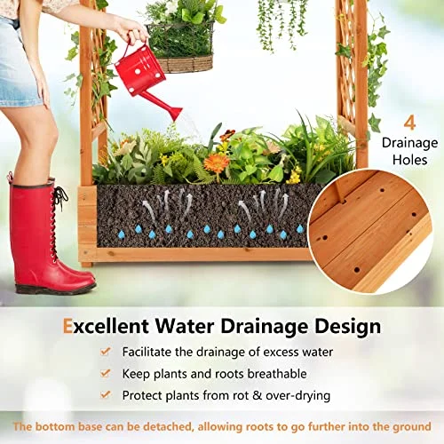 S AFSTAR Raised Garden Bed with Arch Trellis, Wood Planter Box with Hanging Roof, Side Trellis, 4 Drainage Holes, Above Ground Elevated Garden Bed for Outdoor Climbing Plants Vines Patio