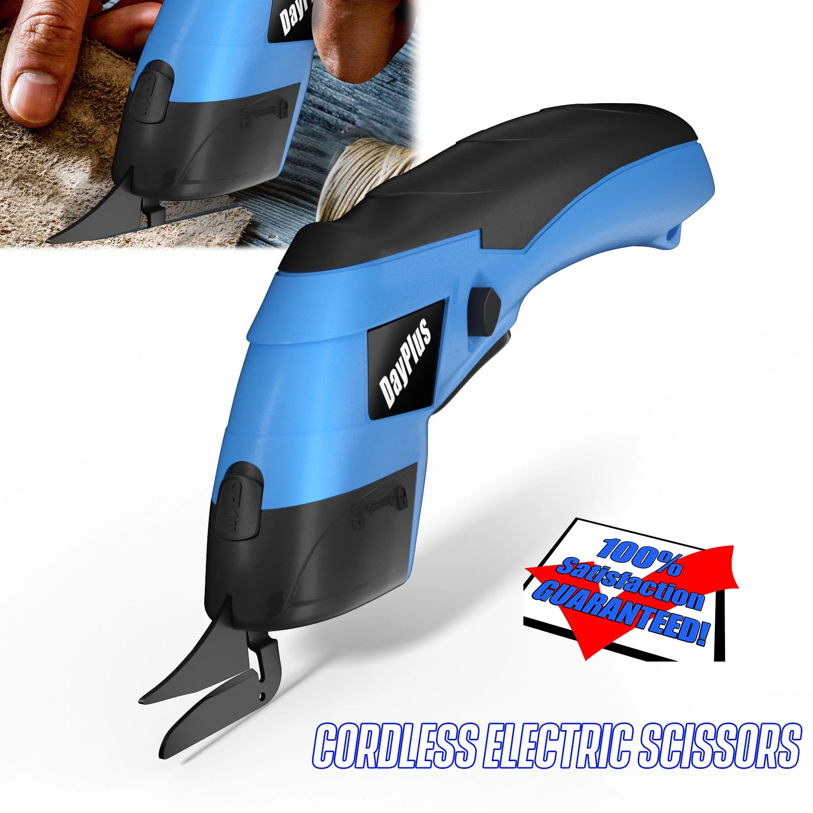 Dayplus 3.6V Cordless Electric Power Scissors. Rapid Fabric & Paper Rechargeable Cutters Including Carpet, Cardboard & PVC. Complete with 2 Cutting Heads