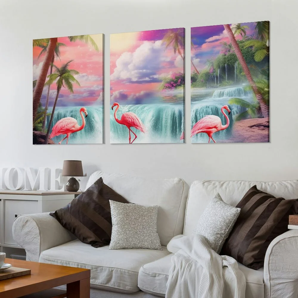 Jiayy Flamingos Palm Trees Waterfall Art Wall Decor Canvas Print 12x16in x3 Ready to Hang 12x16x3pcs