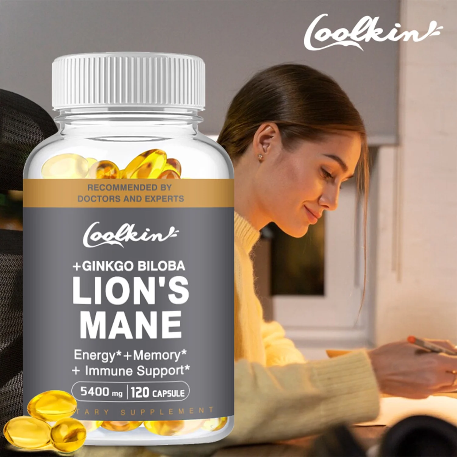 Coolkin Lion's Mane - Ginkgo Biloba Leaf - Nootropic Brain Booster, Memory & Attention 120 Capsules