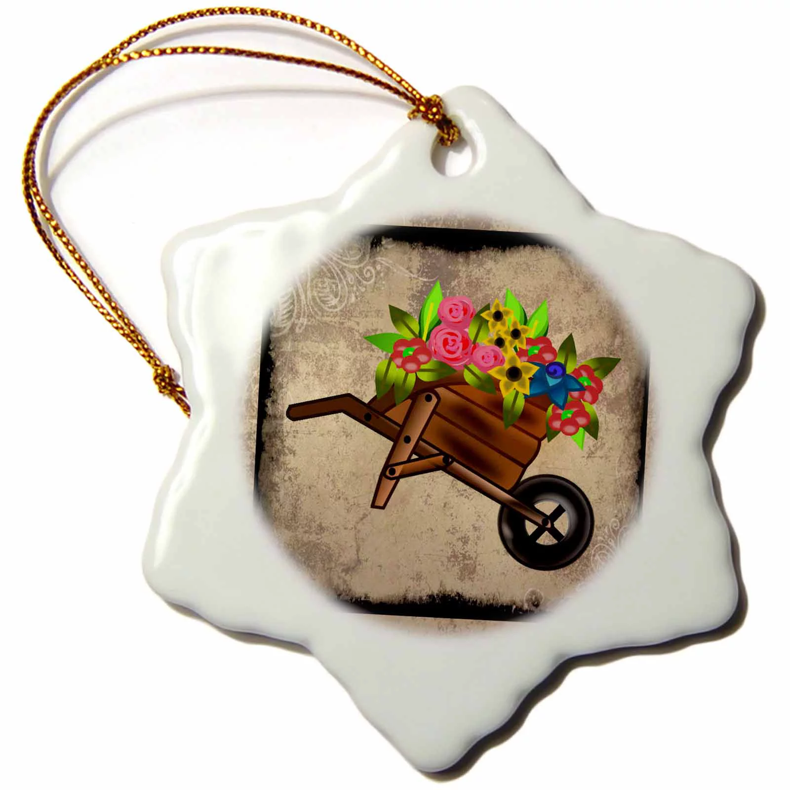3dRose Flowers in Wheelbarrow Multi-color Porcelain Holiday Decorative Accent Snowflake Ornament, 3