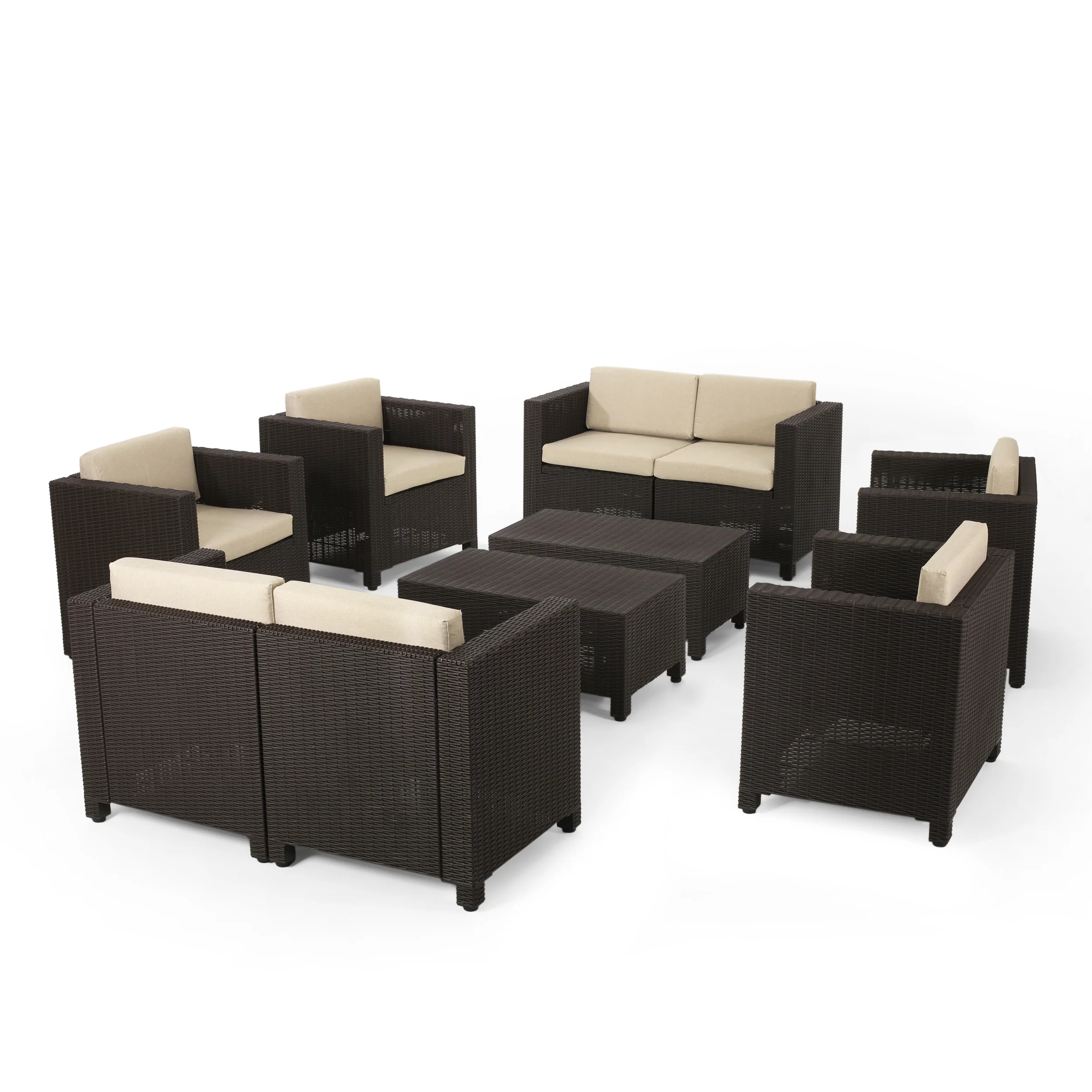 GDF Studio Farirra Outdoor Faux Wicker 8 Seater Chat Set with Cushions, Dark Brown and Beige