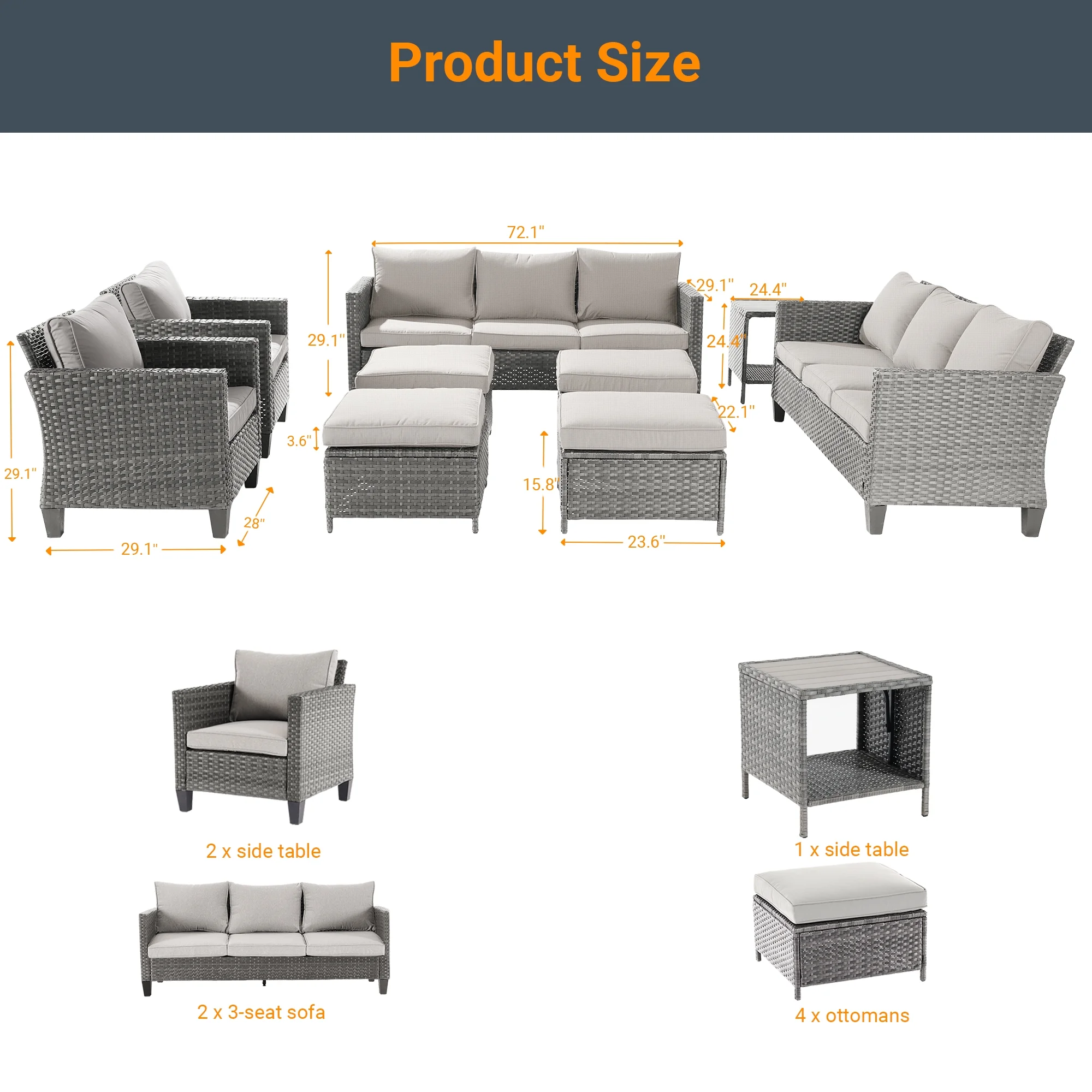 ACEGOSES 9-Piece Patio Sofa Set Rattan Outdoor Furniture Set Three-Seat Sofa Ottomans Suiting Backyard, Poolside and Patio,Light Gray