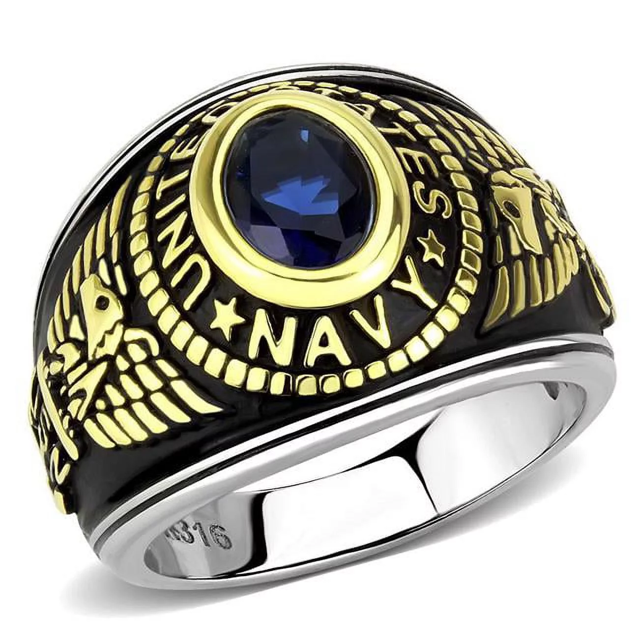 Alamode TK3726-5 Two-Tone IP Gold Ion Plating Stainless Steel Ring with Synthetic Glass, Montana Blue - Size 5
