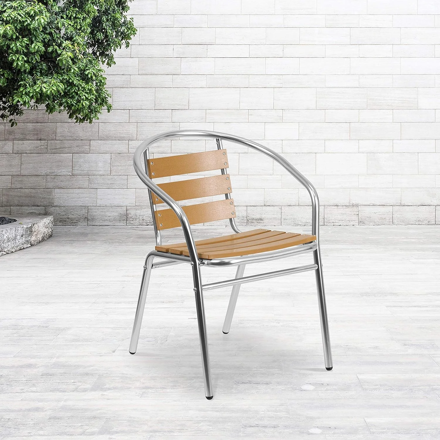 Aluminum Indoor-Outdoor Stack Chair w/Triple Slat Faux Teak Back