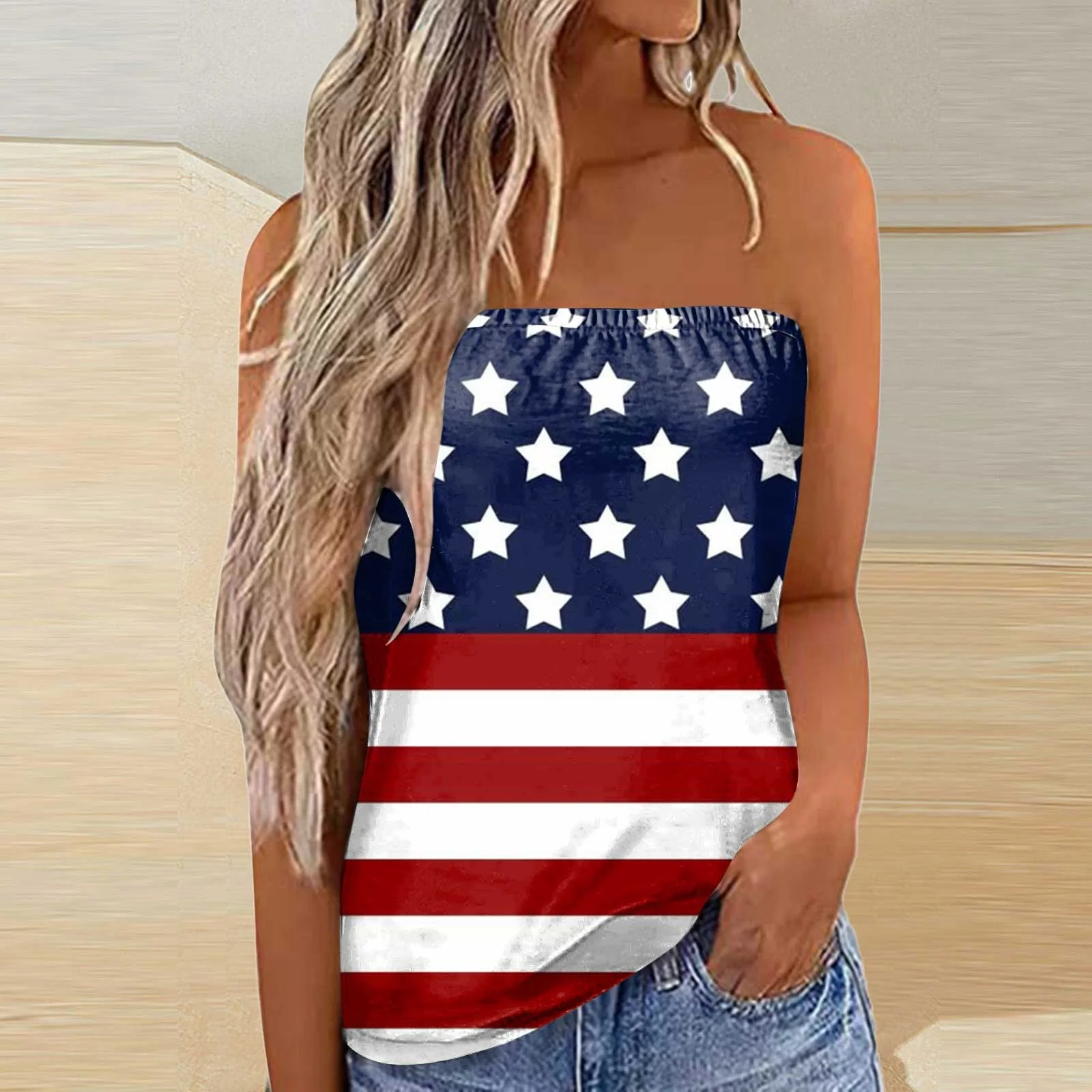 ZFWDUNSA Fourth of July Women Print Strapless Bandeau Tank Casual Sleeveless Summer Vacation Loose Holiday Top Shirt Blouse Women Tanks Top Women'S Nightgowns & Sleepshirts