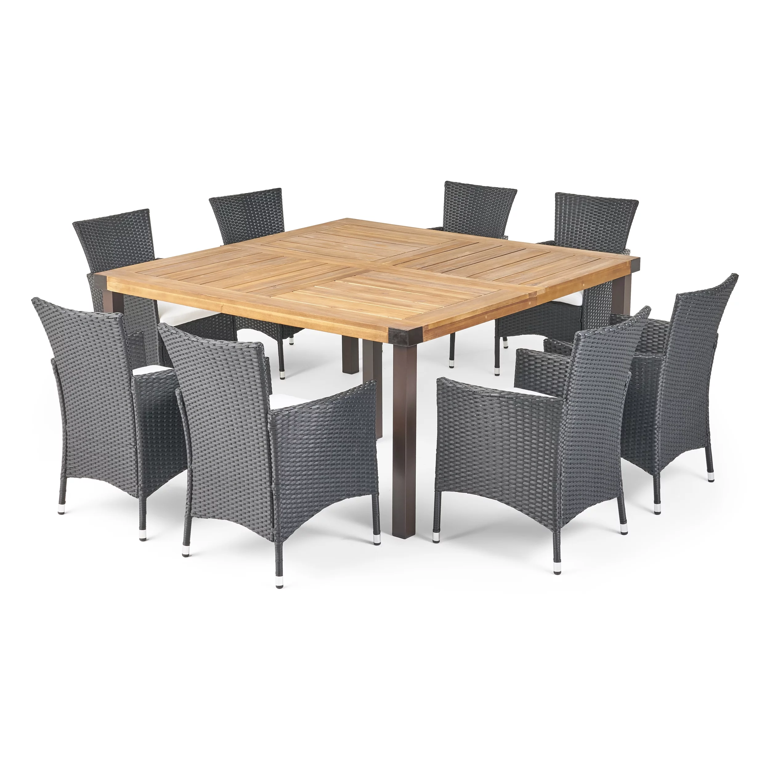 Finnegan Outdoor 8 Seater Acacia Wood and Wicker Dining Set with Cushions, Teak Finish, Black