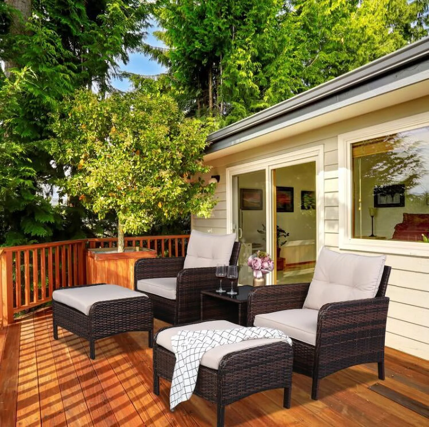 5PCS Rattan Set 2pcs Single Sofa 2pcs Footstool &1pc Coffee Table Round Patio