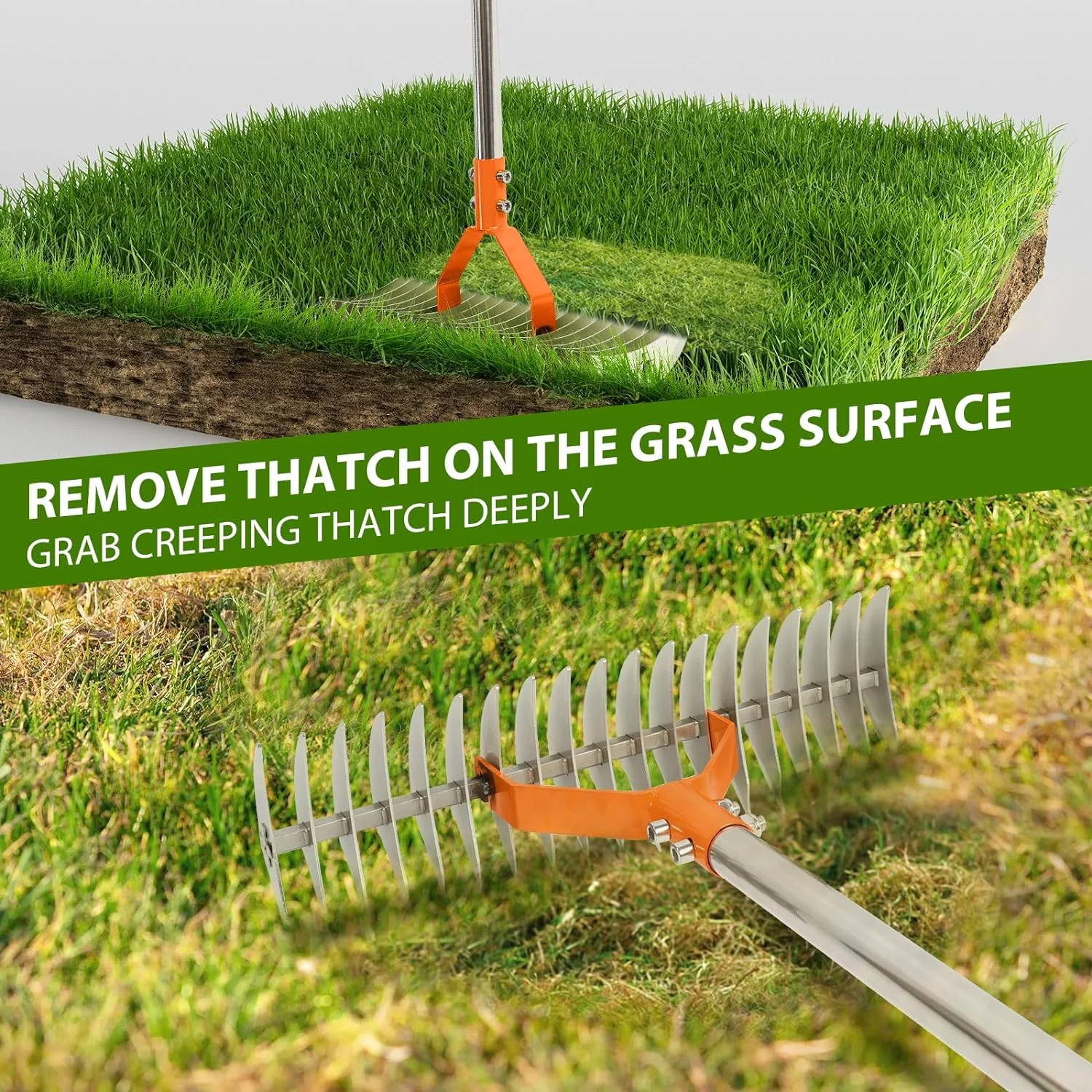 Thatch Rake, 15-Inch Lawn Thatching Rake, Robust Dethatcher Rake, Efficient Steel Metal Rake with Handle, Versatile Grass Grooming Rake for Cleaning Dead Grass, Yard Garden Durable Soil Rake (Orange)