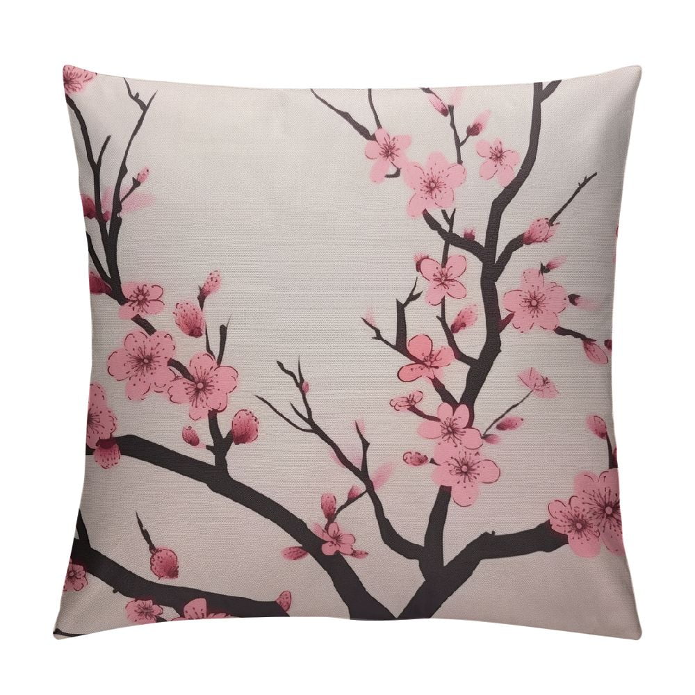 Wuche  Spring Pillow Decorative Throw Pillow Covers  Pink Chinese Cherry Blossom Flower Japan Plum Branch Double Sided Square Pillow Cases Pillowcase Sofa Cushion White