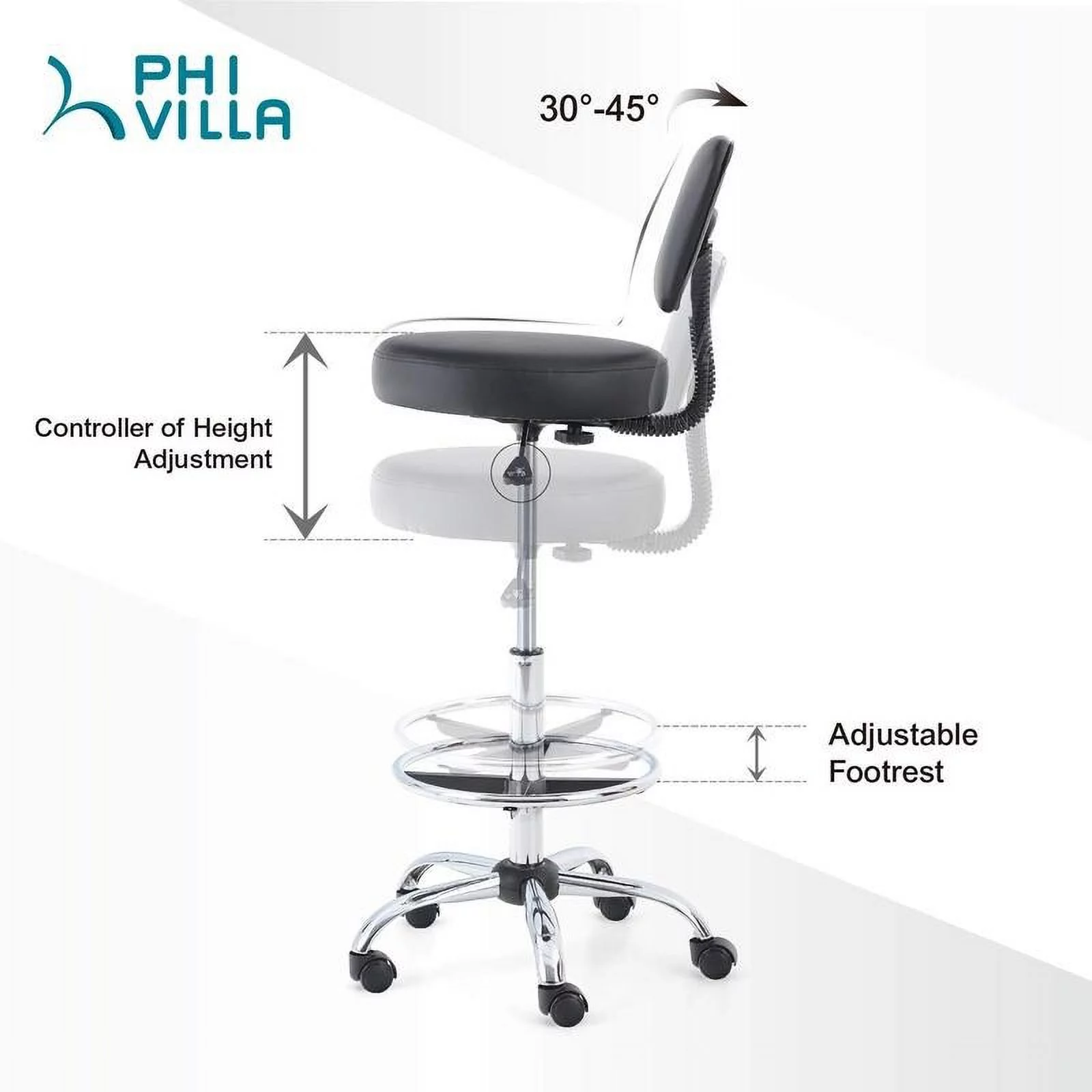 PHI VILLA Adjustable PU Leather Home Office Swivel Chair with Detachable Backrest Black