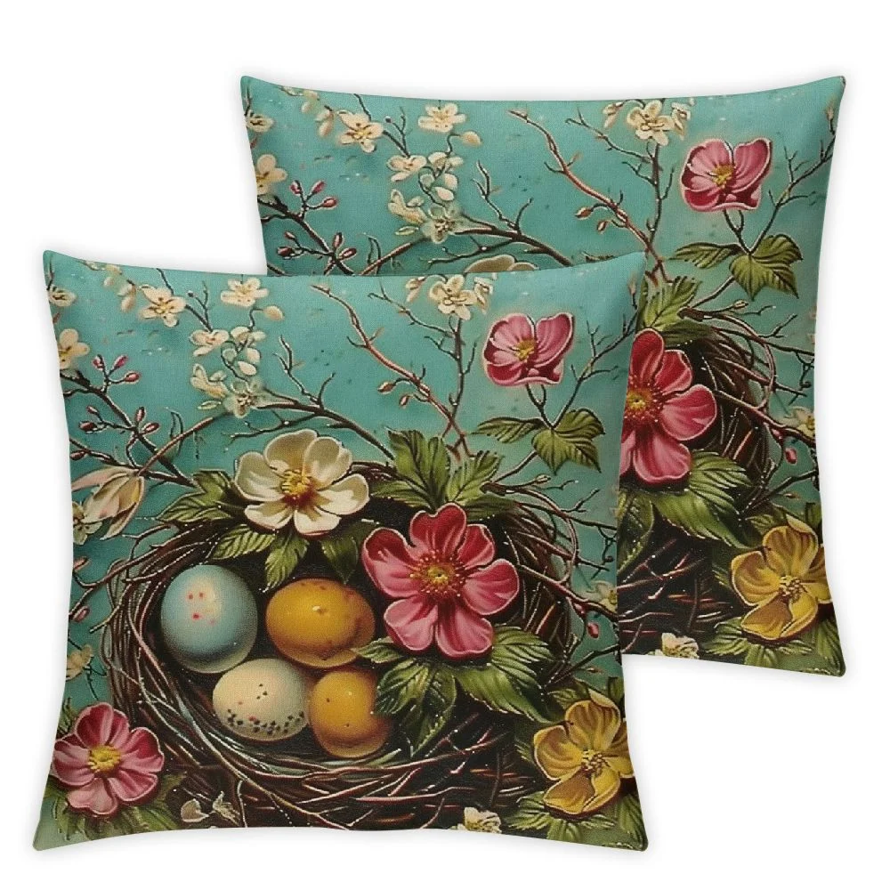 Nawypu Happy Easter Throw Pillow Covers Set of 2 Vintage Peach Blossoms Bird nest Easter Egg Country Rustic Teal Comfort Velvet Square with Zipper Living Room Bedroom Dorm Couch Chair Pillow case