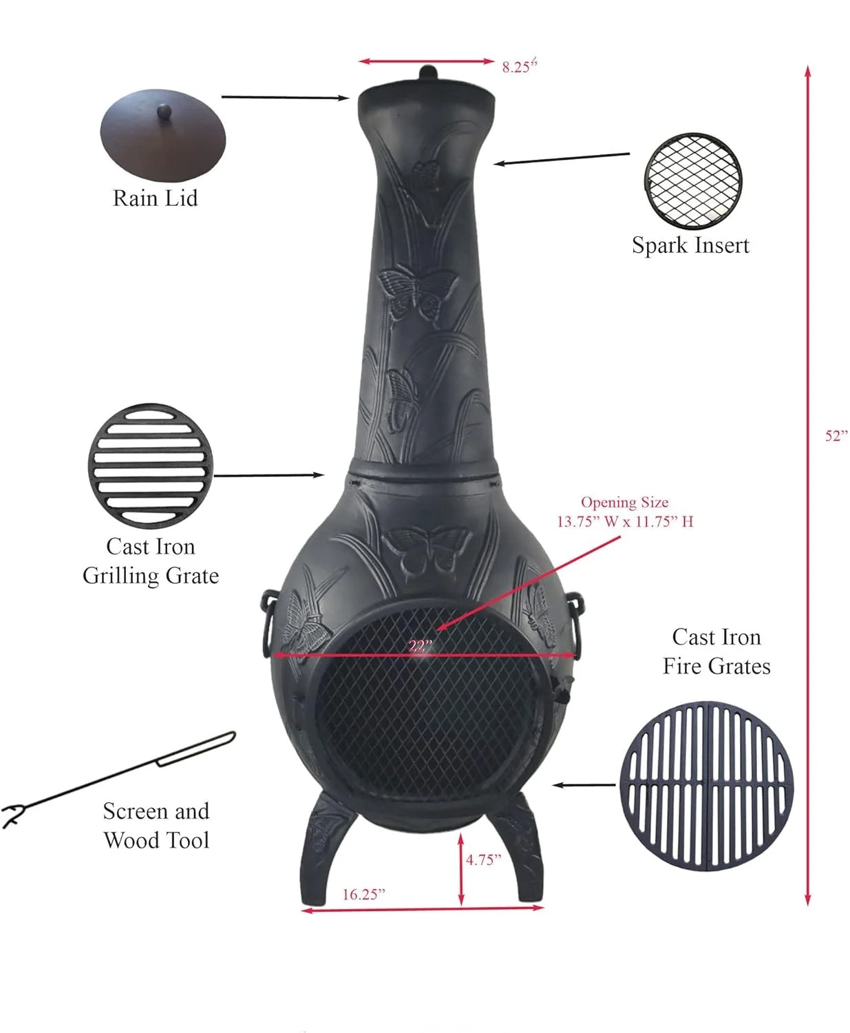 Chiminea and Fire Pit Grates - 2 Piece - 15.25